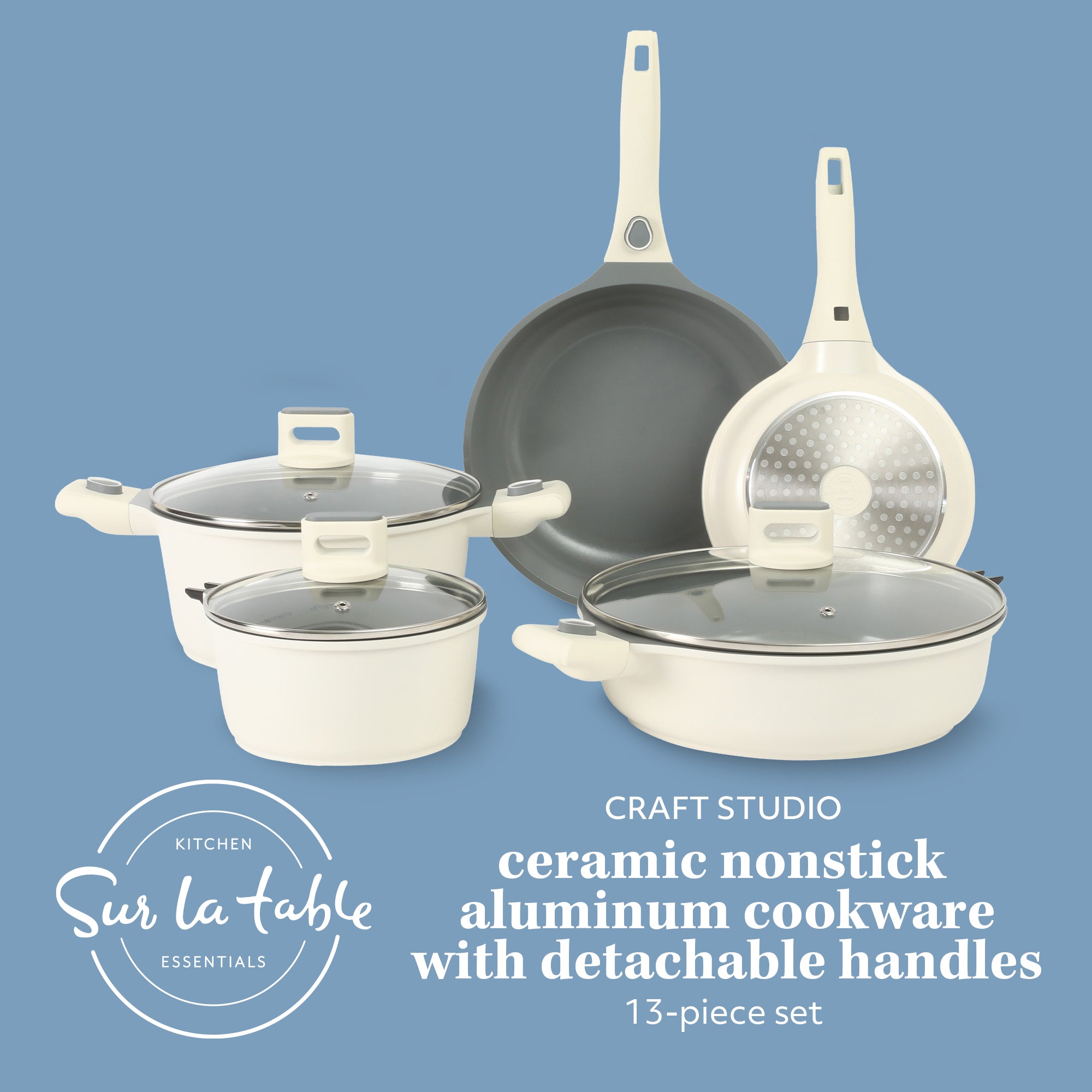 Sur La Table Kitchen Essentials 13 Piece Detachable Handle Pots and Pans Premium PFA Free Premium Ceramic Induction Cookware Set