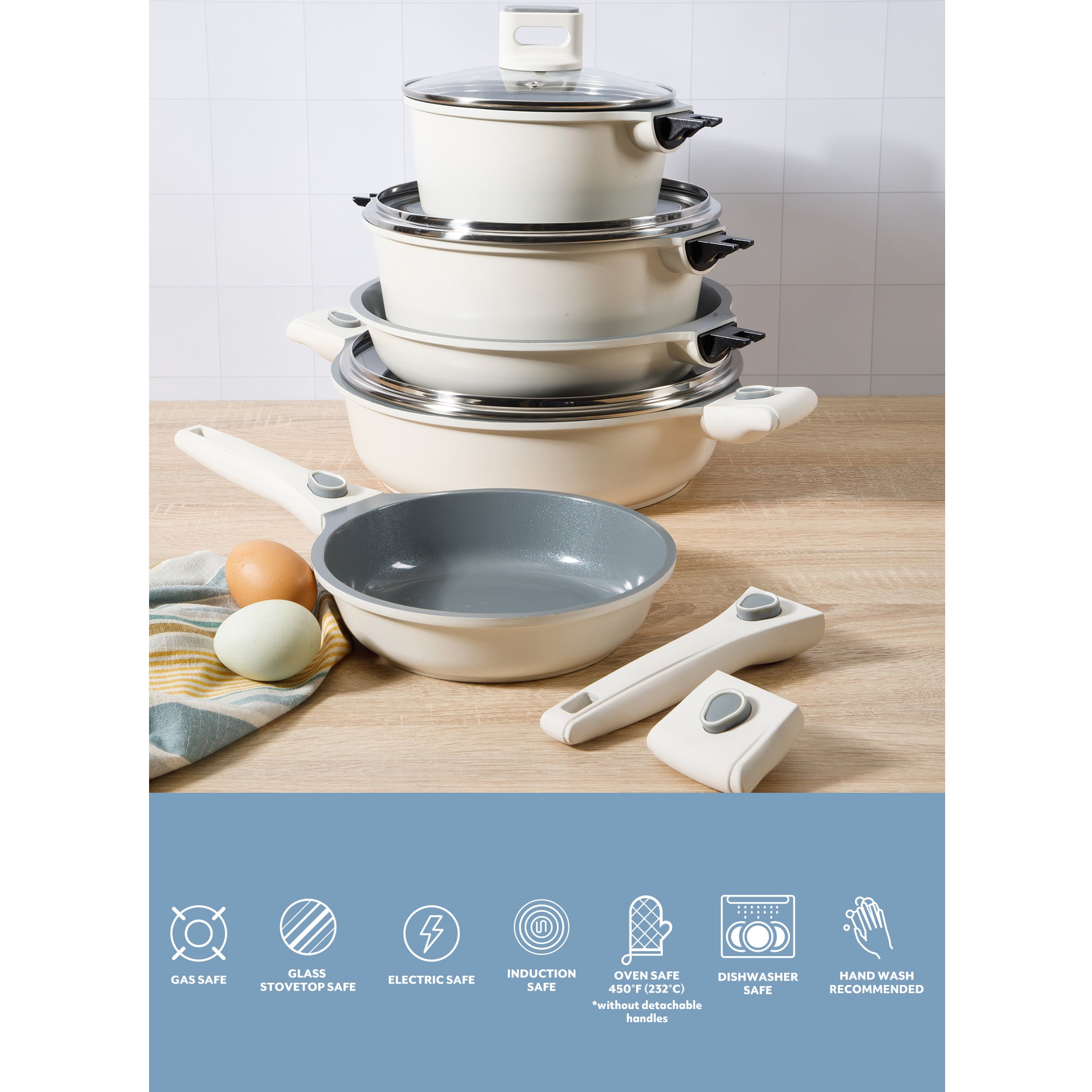 Sur La Table Kitchen Essentials 13 Piece Detachable Handle Pots and Pans Premium PFA Free Premium Ceramic Induction Cookware Set