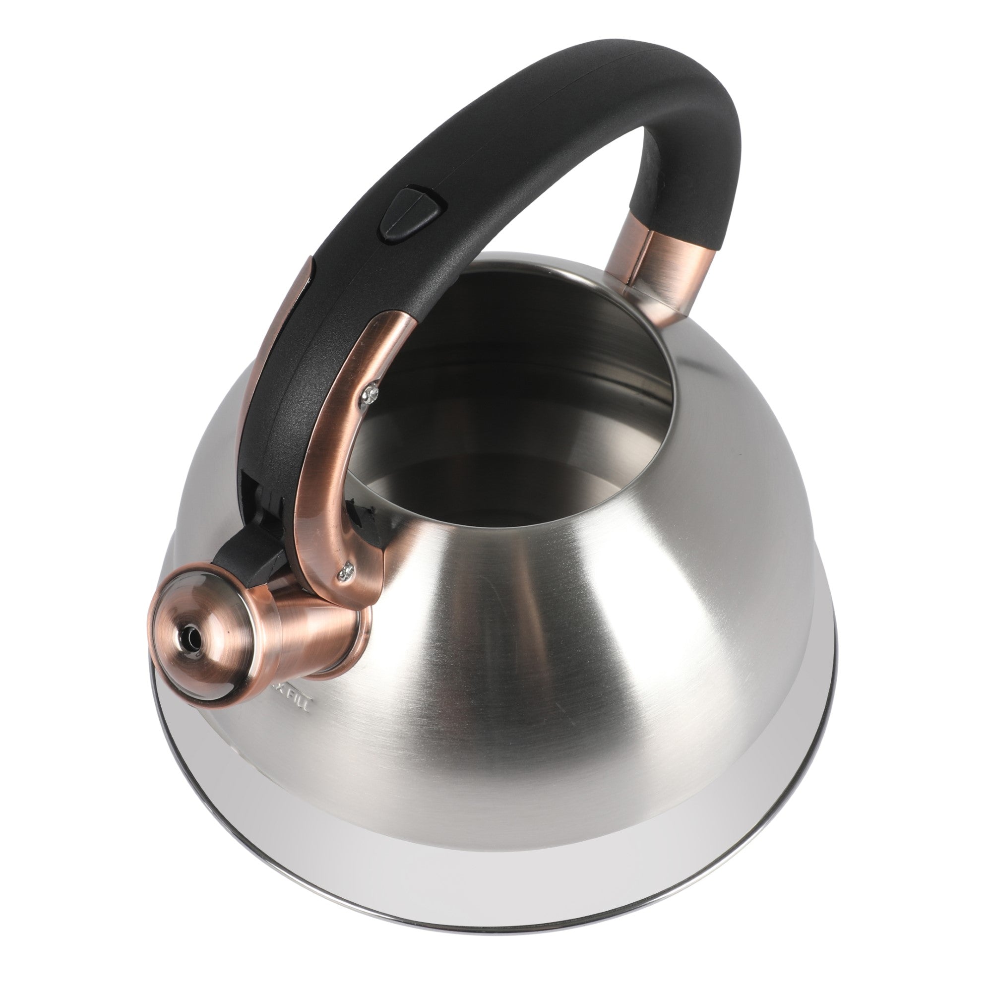 MR COFFEE FLINTSHIRE - 2.2 QT TEA KETTLE W/ LID - BRUSHED STAINLESS STEEL - NYLON ANTIQUE COPPER PLATED LID & HANDLE