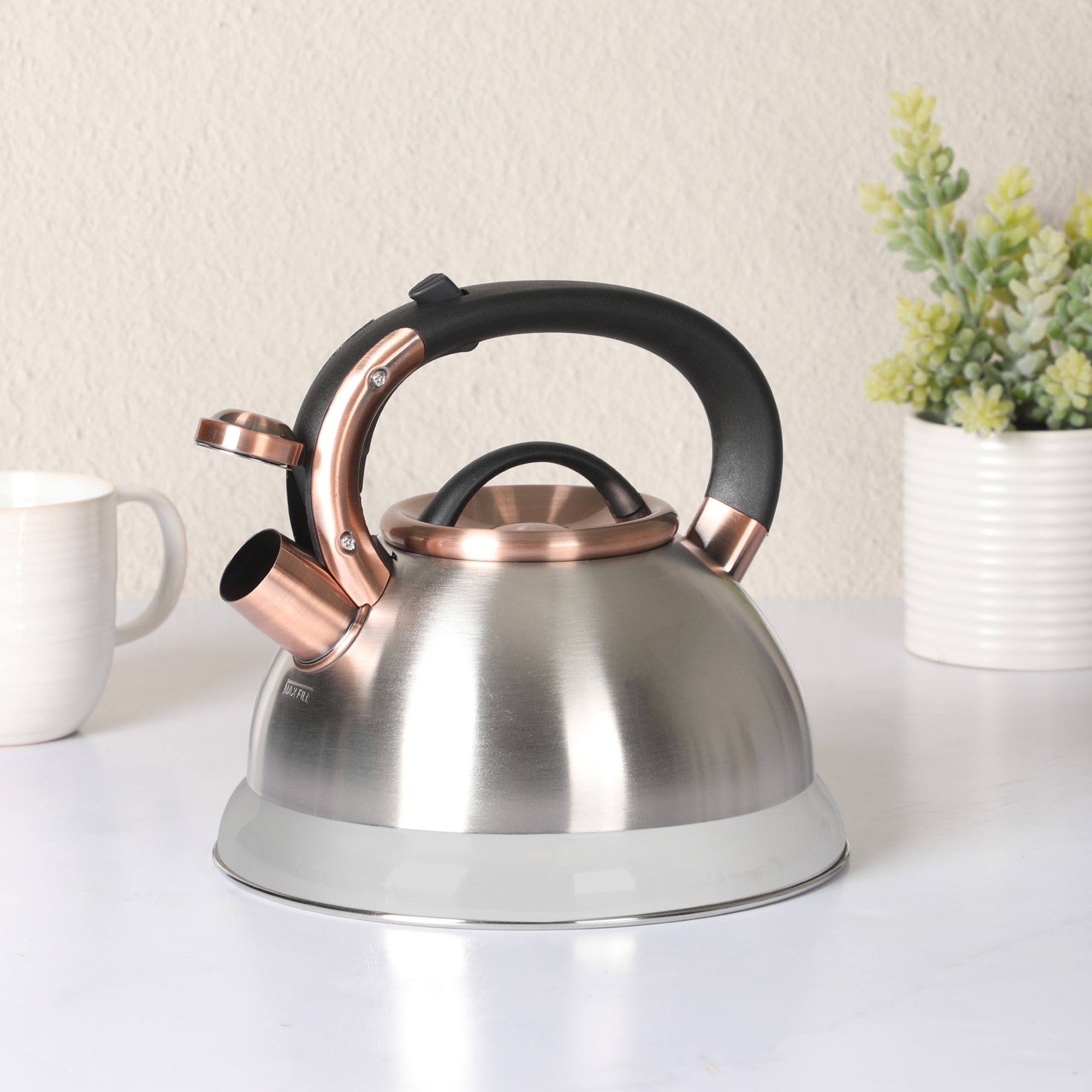 MR COFFEE FLINTSHIRE - 2.2 QT TEA KETTLE W/ LID - BRUSHED STAINLESS STEEL - NYLON ANTIQUE COPPER PLATED LID & HANDLE