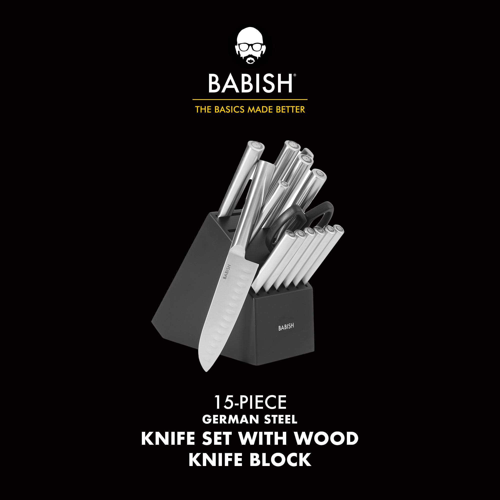 Babish High-Carbon 1.4116 German Steel 15 Piece Full Tang Forged Cutlery Kitchen Knife Block Set - Stainless Steel