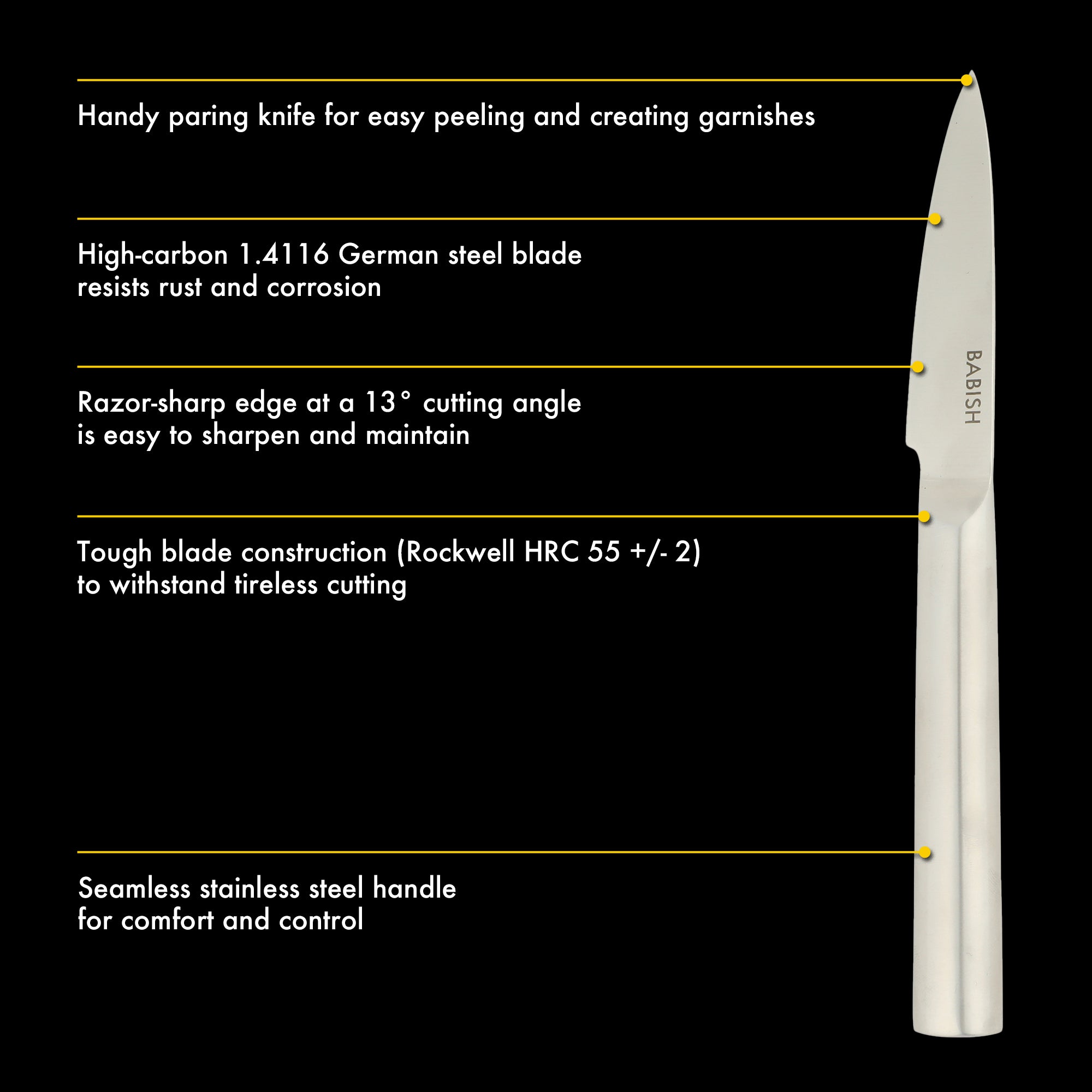 Babish 1.4116 German Stainless Steel Paring Knife – 3.5-Inch Precision Kitchen Knife for Peeling, Trimming & Prep Work, Full-Tang Blade