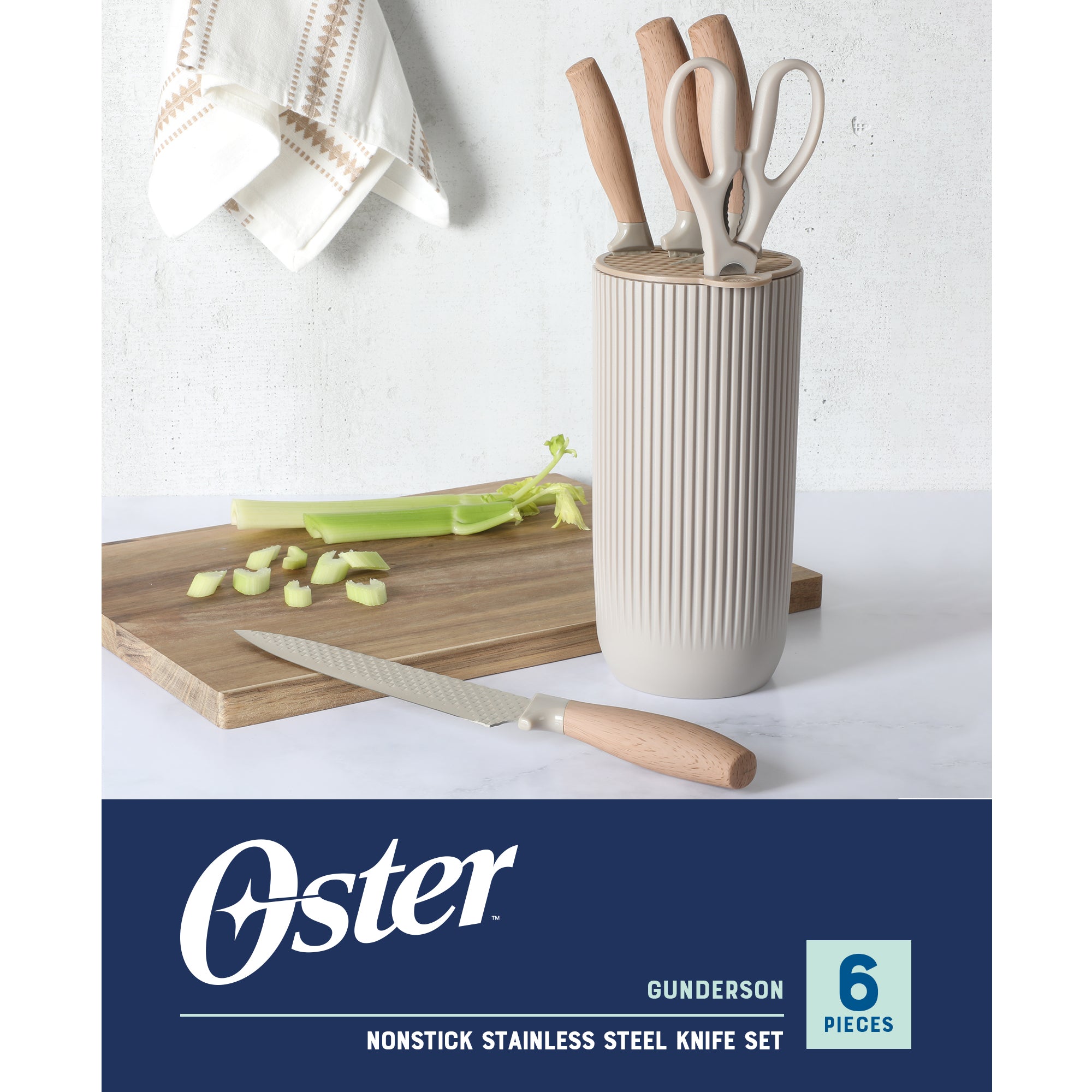 Oster Gunderson 6-Piece Kitchen Knife Block Set. Stainless Steel Kitchen Knife Set