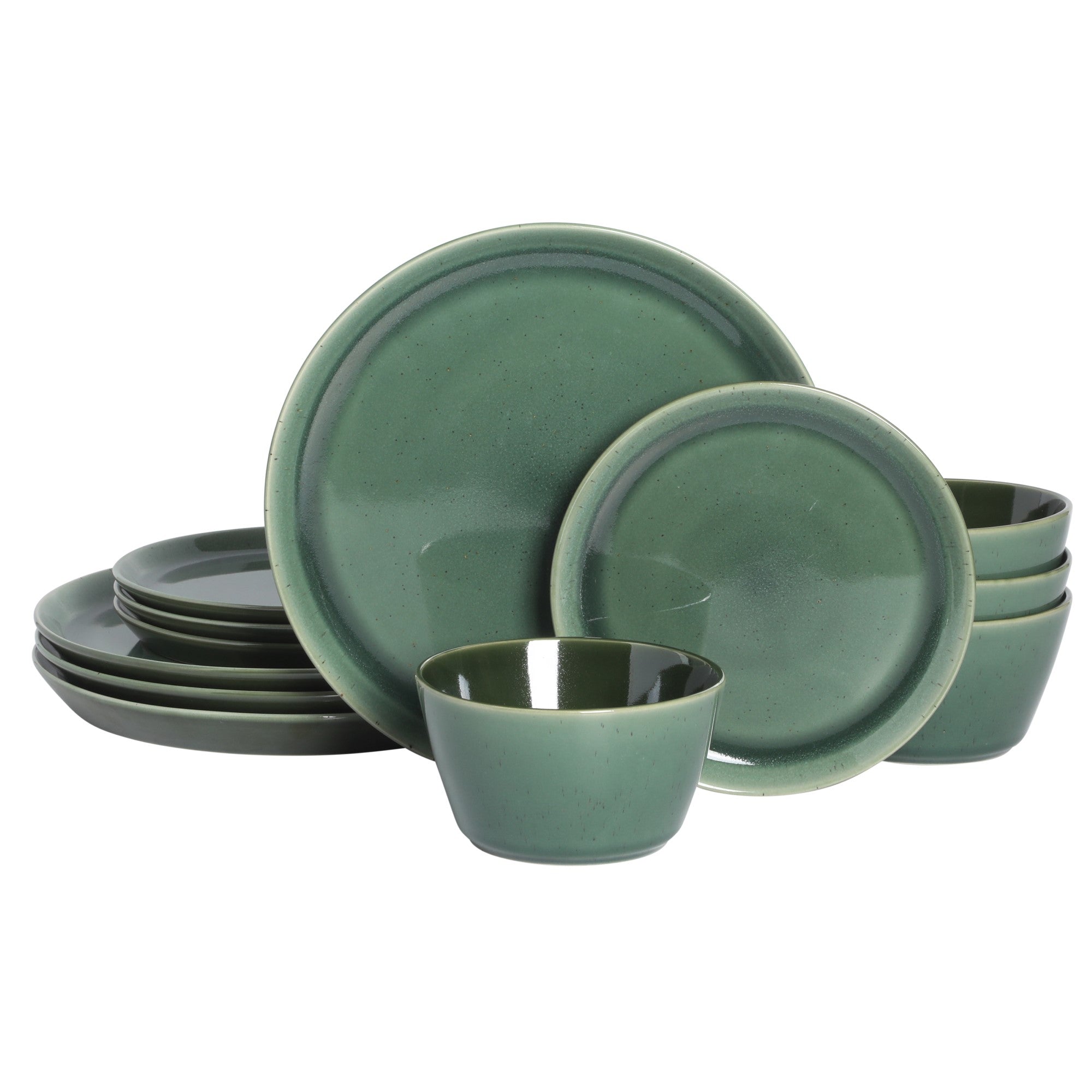 Gibson Elite 12 Piece (Service for 4) Fern Canyon Plates and Bowls Reactive Glaze Modern Coupe Round Dishes Stoneware Ceramic Dinnerware Set - Glossy Green