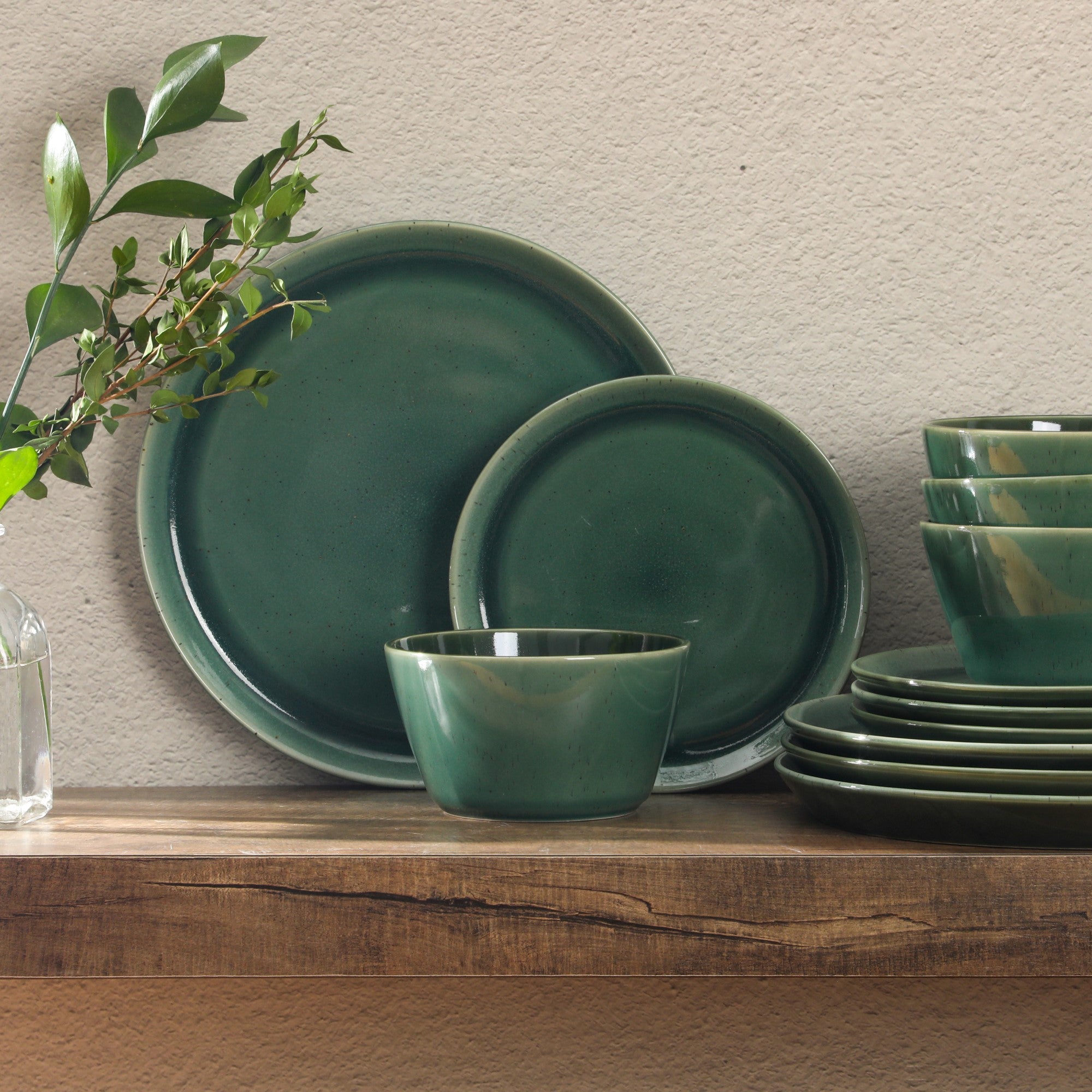 Gibson Elite 12 Piece (Service for 4) Fern Canyon Plates and Bowls Reactive Glaze Modern Coupe Round Dishes Stoneware Ceramic Dinnerware Set - Glossy Green