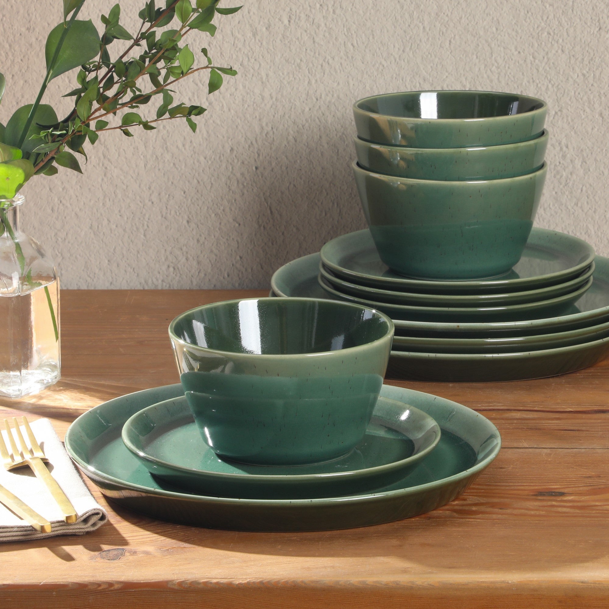 Gibson Elite 12 Piece (Service for 4) Fern Canyon Plates and Bowls Reactive Glaze Modern Coupe Round Dishes Stoneware Ceramic Dinnerware Set - Glossy Green