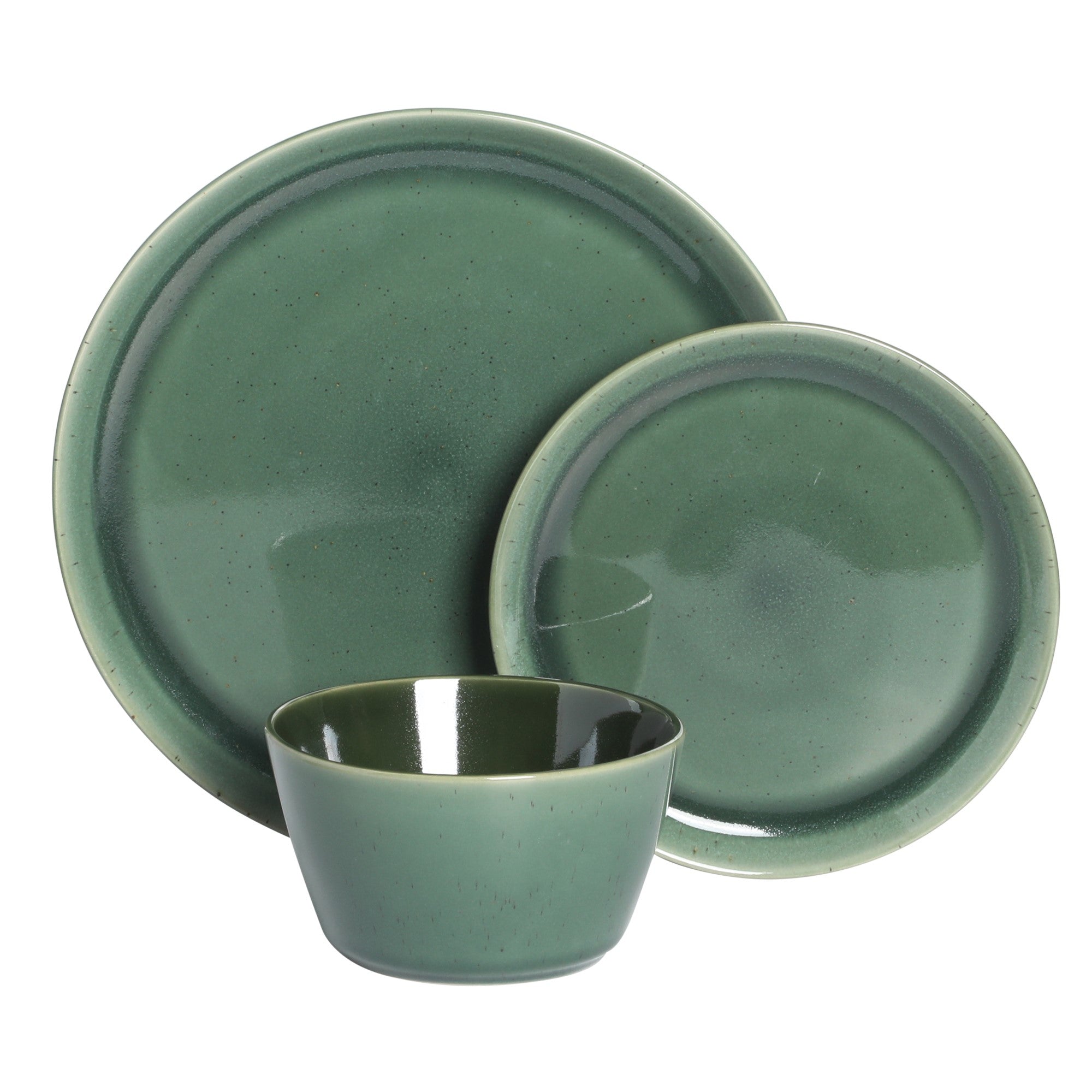 Gibson Elite 12 Piece (Service for 4) Fern Canyon Plates and Bowls Reactive Glaze Modern Coupe Round Dishes Stoneware Ceramic Dinnerware Set - Glossy Green