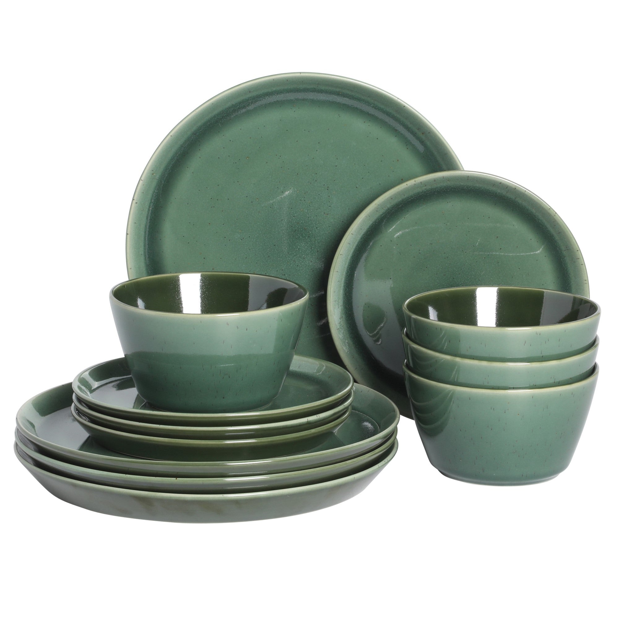 Gibson Elite 12 Piece (Service for 4) Fern Canyon Plates and Bowls Reactive Glaze Modern Coupe Round Dishes Stoneware Ceramic Dinnerware Set - Glossy Green