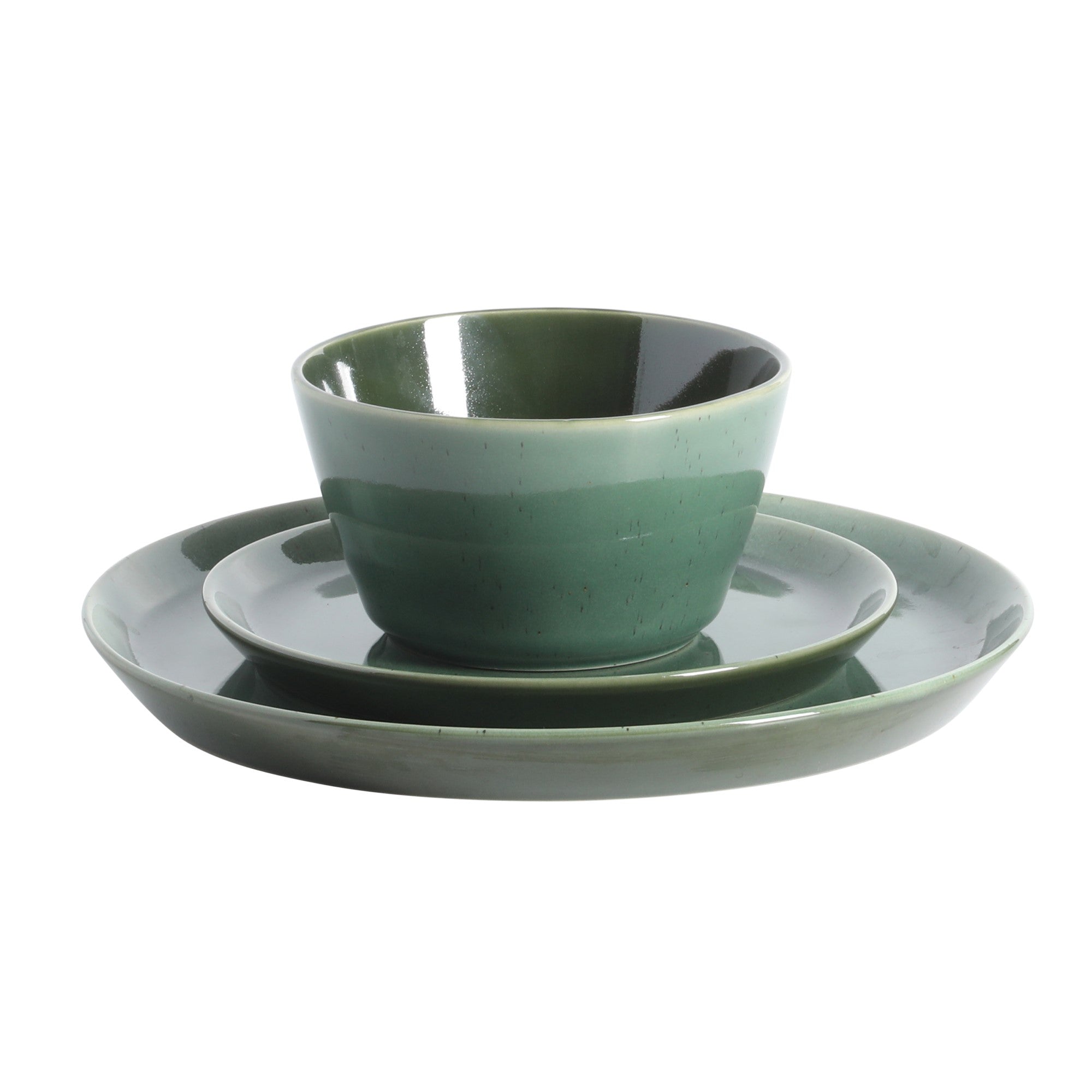 Gibson Elite 12 Piece (Service for 4) Fern Canyon Plates and Bowls Reactive Glaze Modern Coupe Round Dishes Stoneware Ceramic Dinnerware Set - Glossy Green