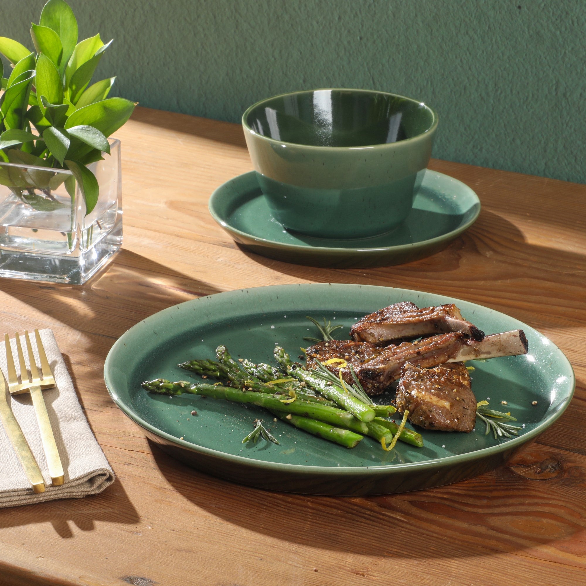 Gibson Elite 12 Piece (Service for 4) Fern Canyon Plates and Bowls Reactive Glaze Modern Coupe Round Dishes Stoneware Ceramic Dinnerware Set - Glossy Green