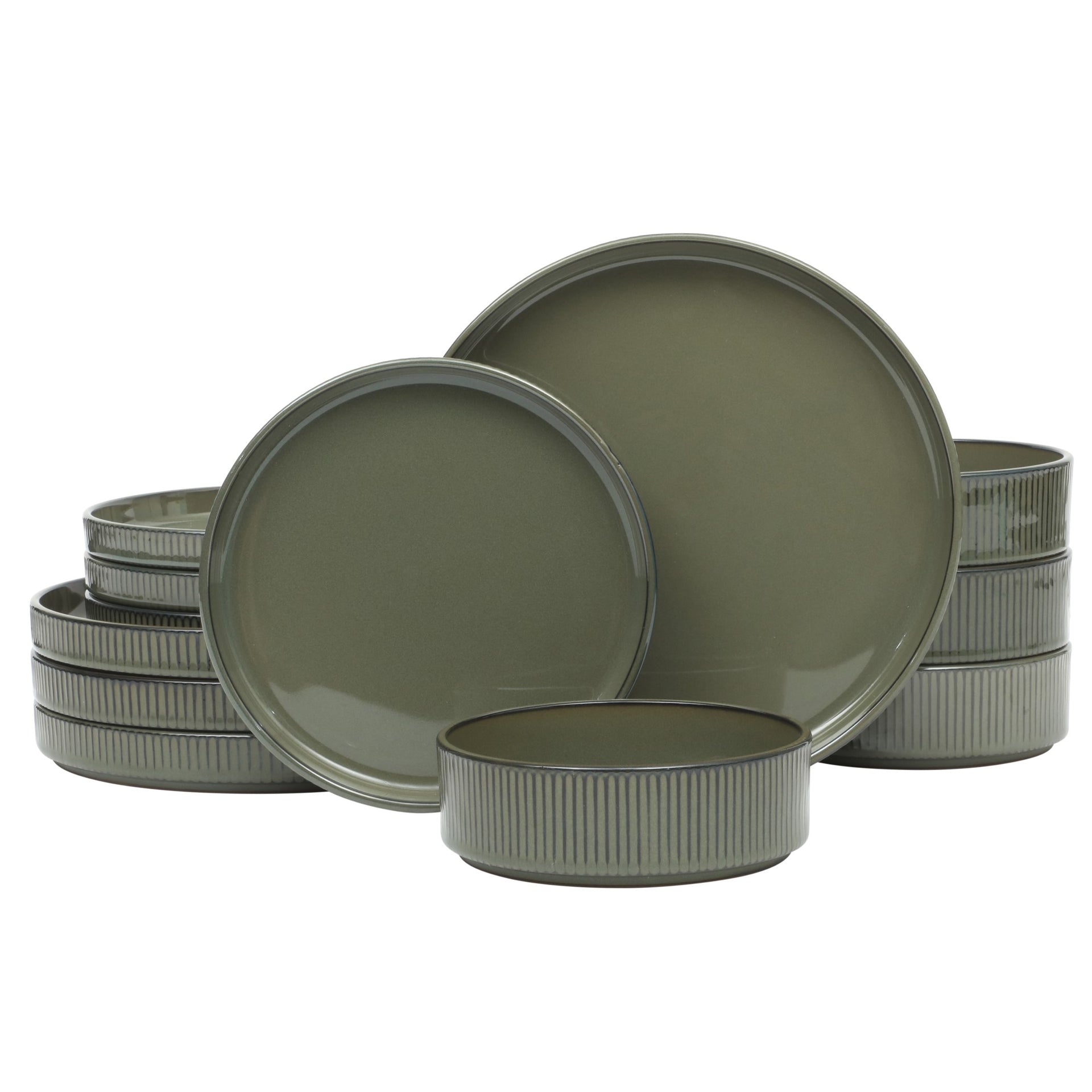 Gibson Elite Townscape 12 Piece (Service for 4) Plates and Bowls Reactive Glaze Embossed Round Dishes Terracotta Dinnerware Set - Dark Green