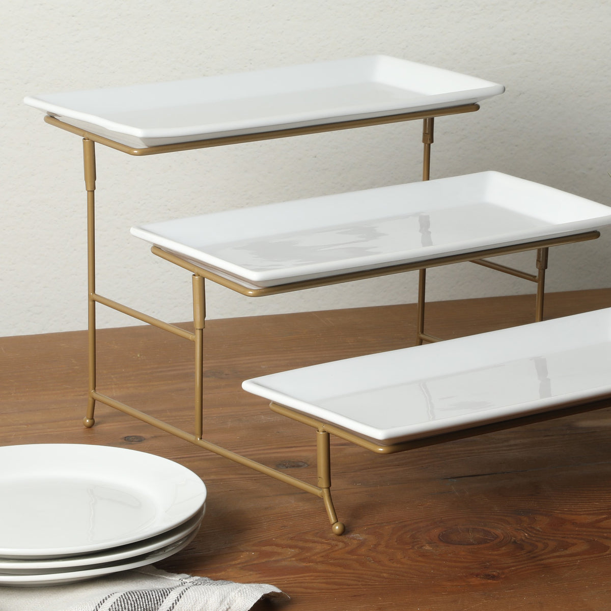 Gibson Home Gracious Dining Dinnerware, 3-Tier Rectangle Plate Serving Set with Gold Metal Stand, White