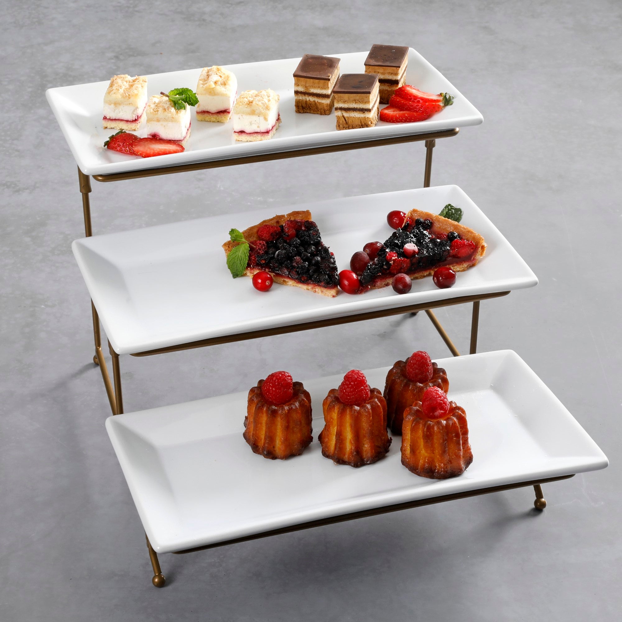 Gibson Home Gracious Dining Dinnerware, 3-Tier Rectangle Plate Serving Set with Gold Metal Stand, White