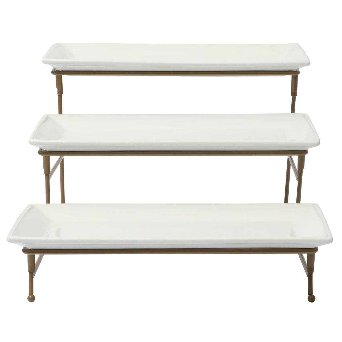 Gibson Home Gracious Dining Dinnerware, 3-Tier Rectangle Plate Serving Set with Gold Metal Stand, White