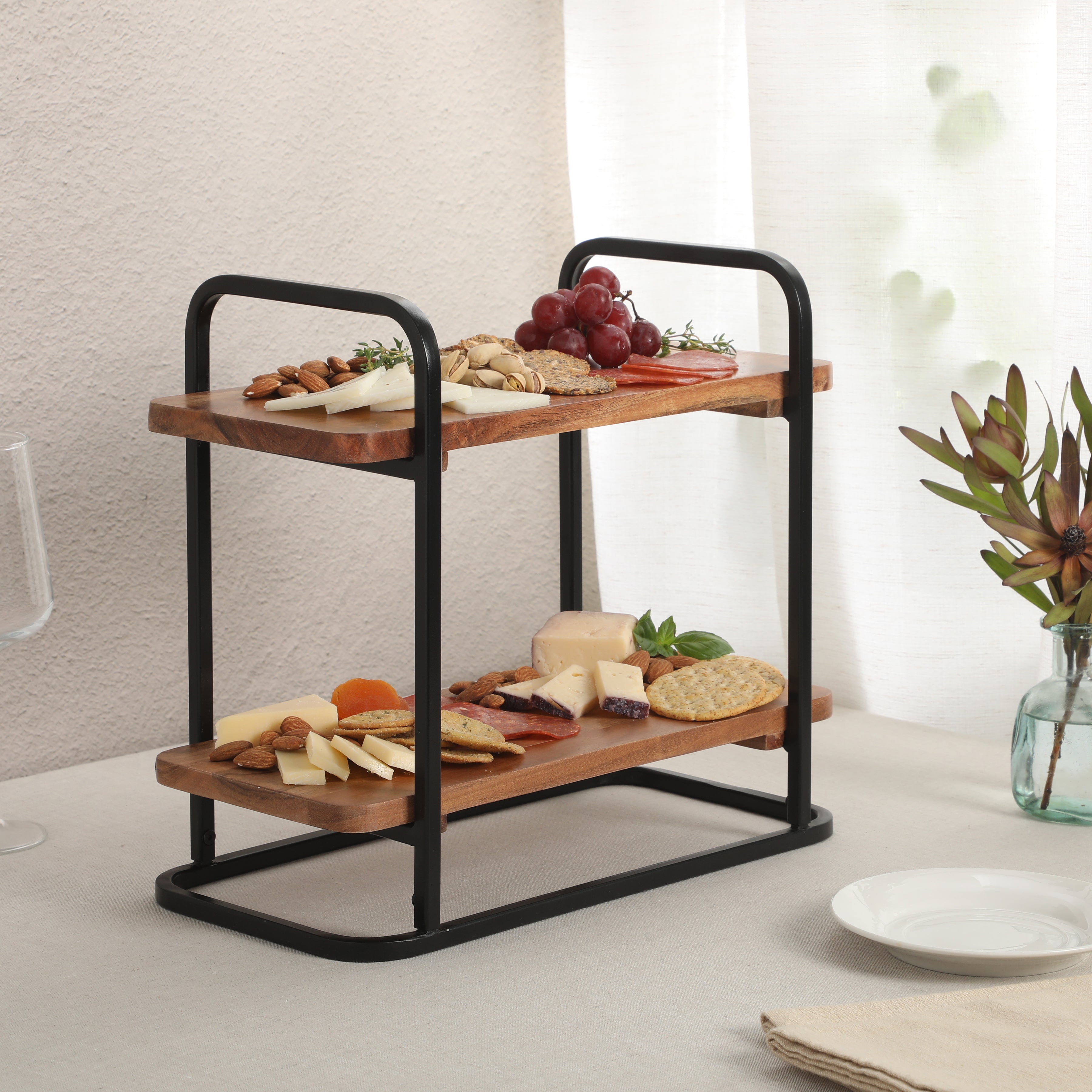 Gibson Home Gracious Dining 2-Tier Wooden Serving Tray with Metal Fram