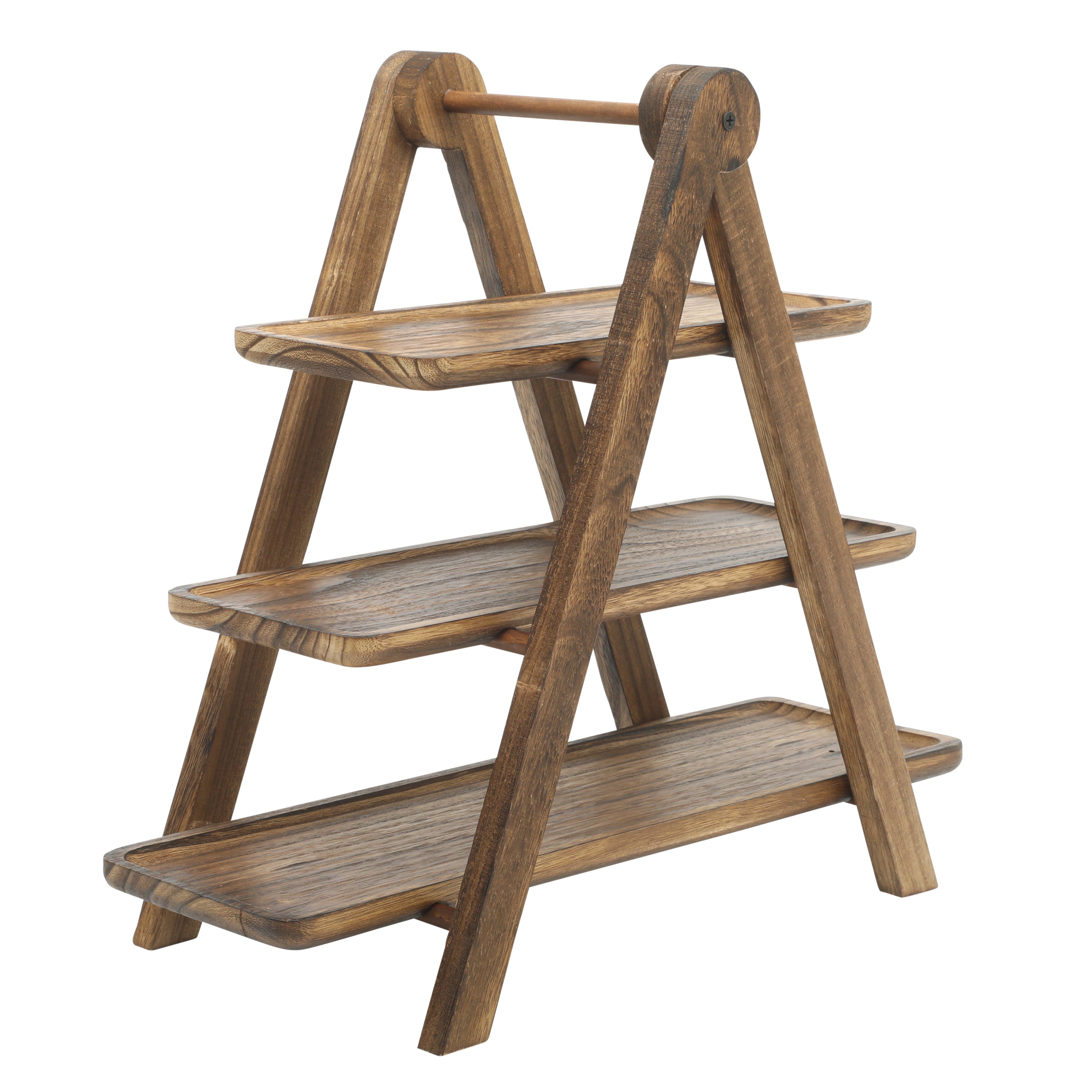 Gibson Home Truss Peak 3 Tier Serving Tray for Party, 18" Acacia Wood Cupcake/Charcuterie/ Dessert Farmhouse Tiered Platters with Collapsible Wood Rack