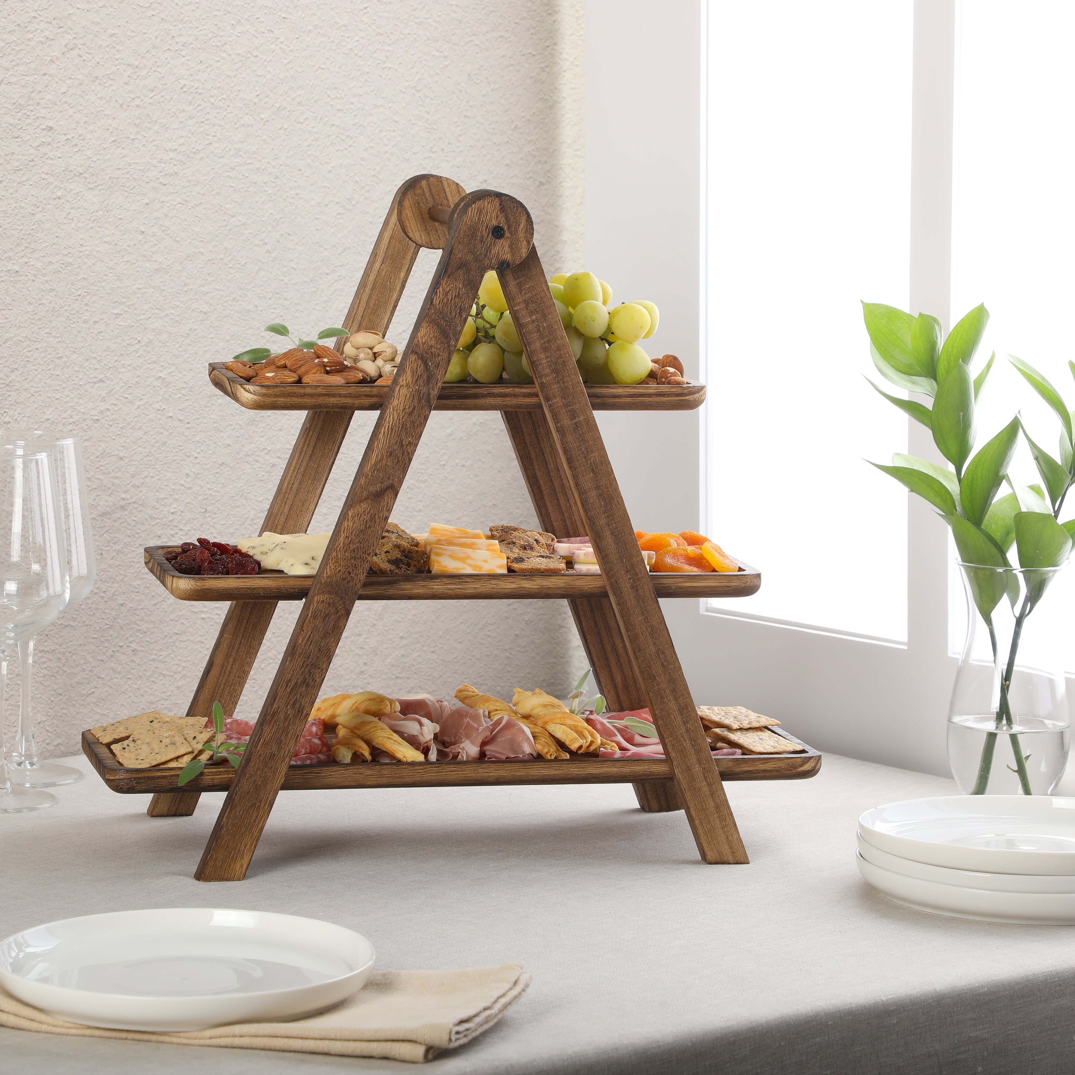 Gibson Home Truss Peak 3 Tier Serving Tray for Party, 18" Acacia Wood Cupcake/Charcuterie/ Dessert Farmhouse Tiered Platters with Collapsible Wood Rack