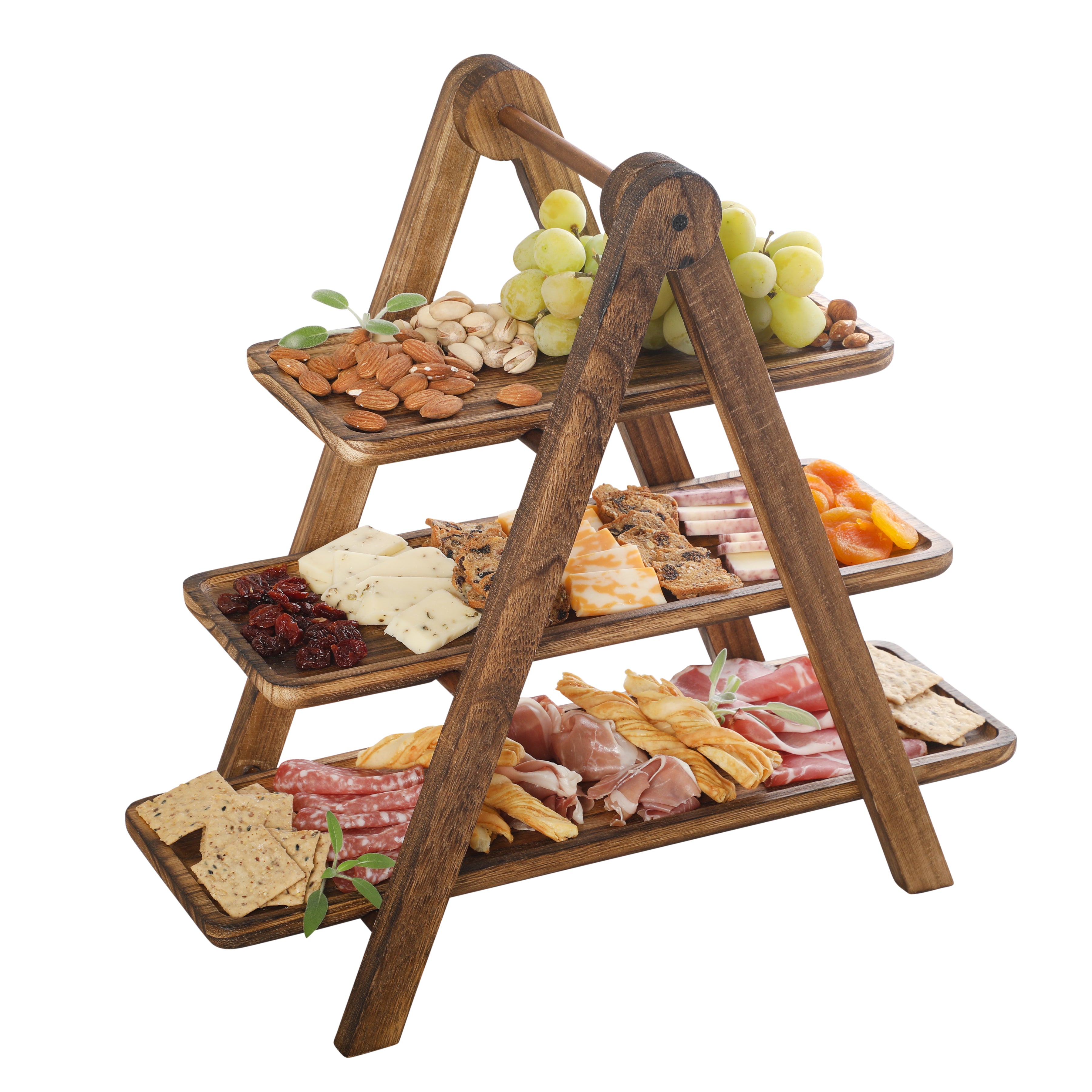 Gibson Home Truss Peak 3 Tier Serving Tray for Party, 18" Acacia Wood Cupcake/Charcuterie/ Dessert Farmhouse Tiered Platters with Collapsible Wood Rack