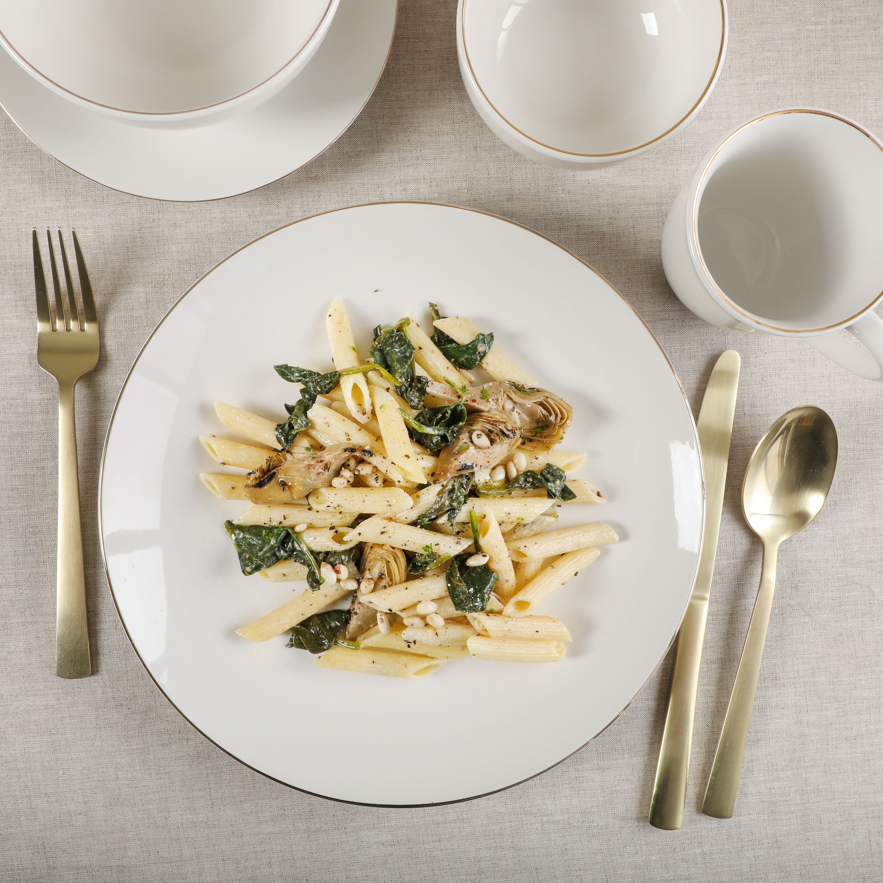 Gibson Home Ogalla 30 Piece Plates, Bowls, & Mugs Dinnerware Set - Service for 6 - White Porcelain W/ Gold Band