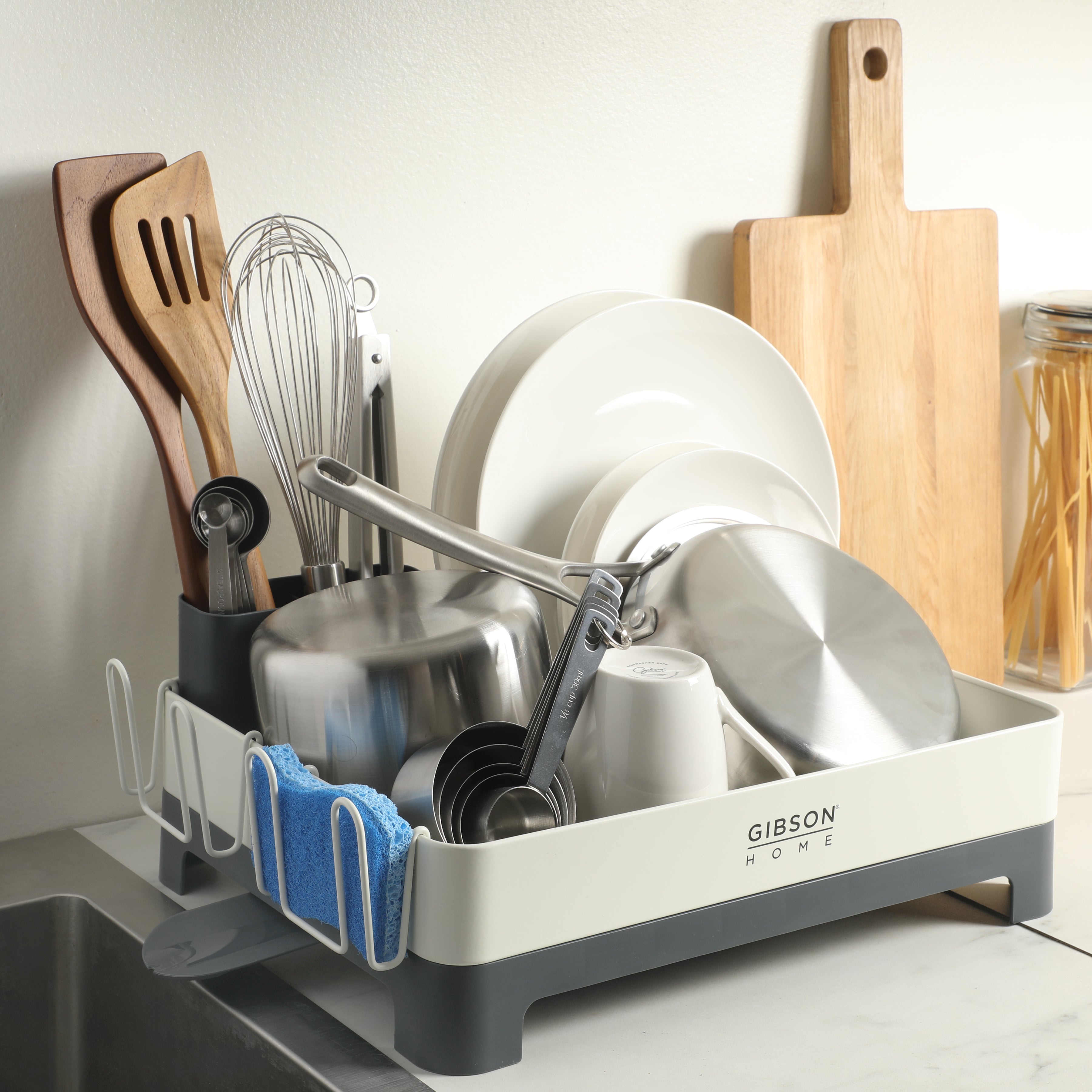 Gibson Home Nestcraft Full Size Rust Resistant Dish Rack with Drain Board and Flatware Caddy