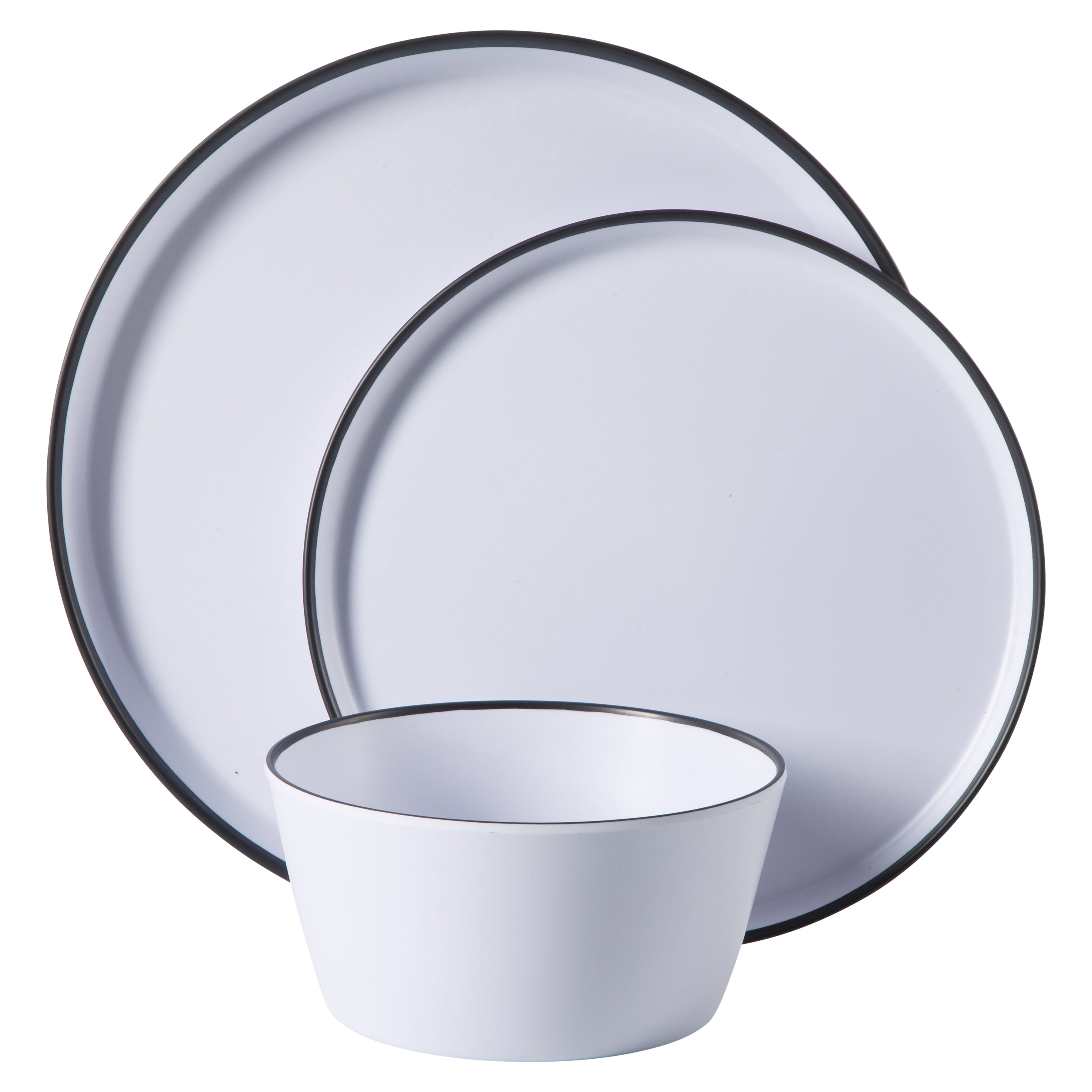 Gibson Home Folsom Shores 12 Piece Unbreakable Modern Melamine Plates and Bowls Dinnerware Set - Outdoor, Camping, & Everyday Use - White W/ Black Rim