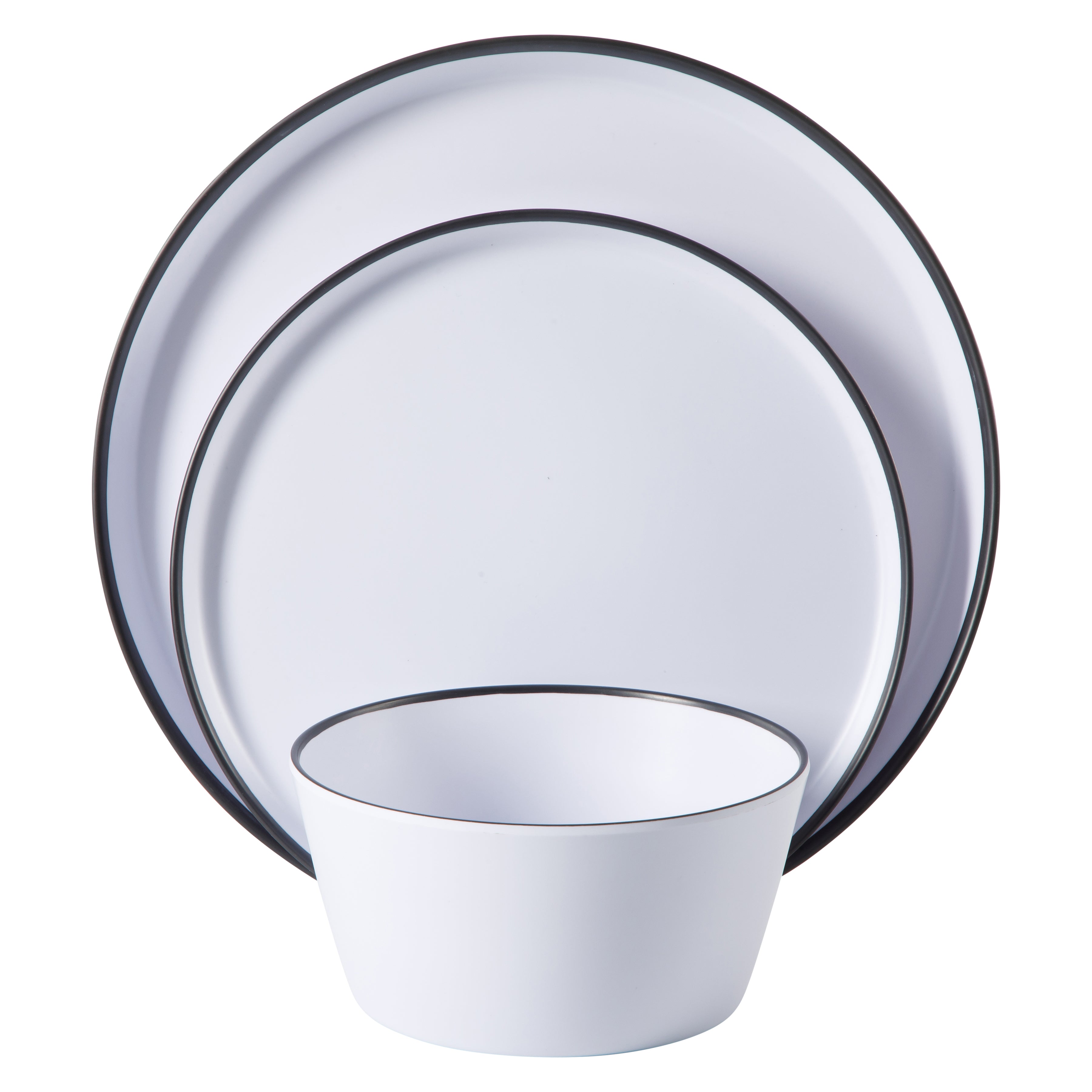 Gibson Home Folsom Shores 12 Piece Unbreakable Modern Melamine Plates and Bowls Dinnerware Set - Outdoor, Camping, & Everyday Use - White W/ Black Rim