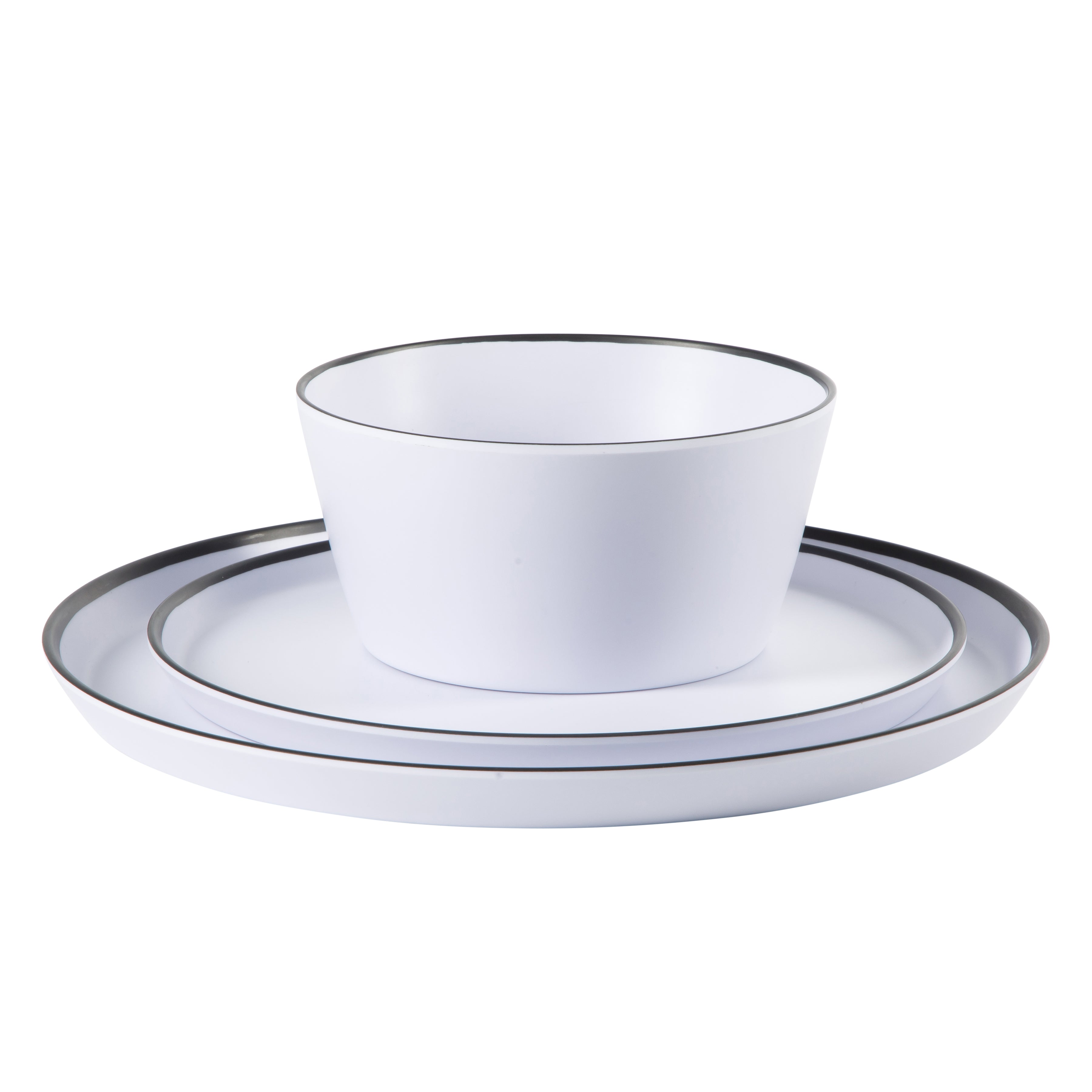 Gibson Home Folsom Shores 12 Piece Unbreakable Modern Melamine Plates and Bowls Dinnerware Set - Outdoor, Camping, & Everyday Use - White W/ Black Rim