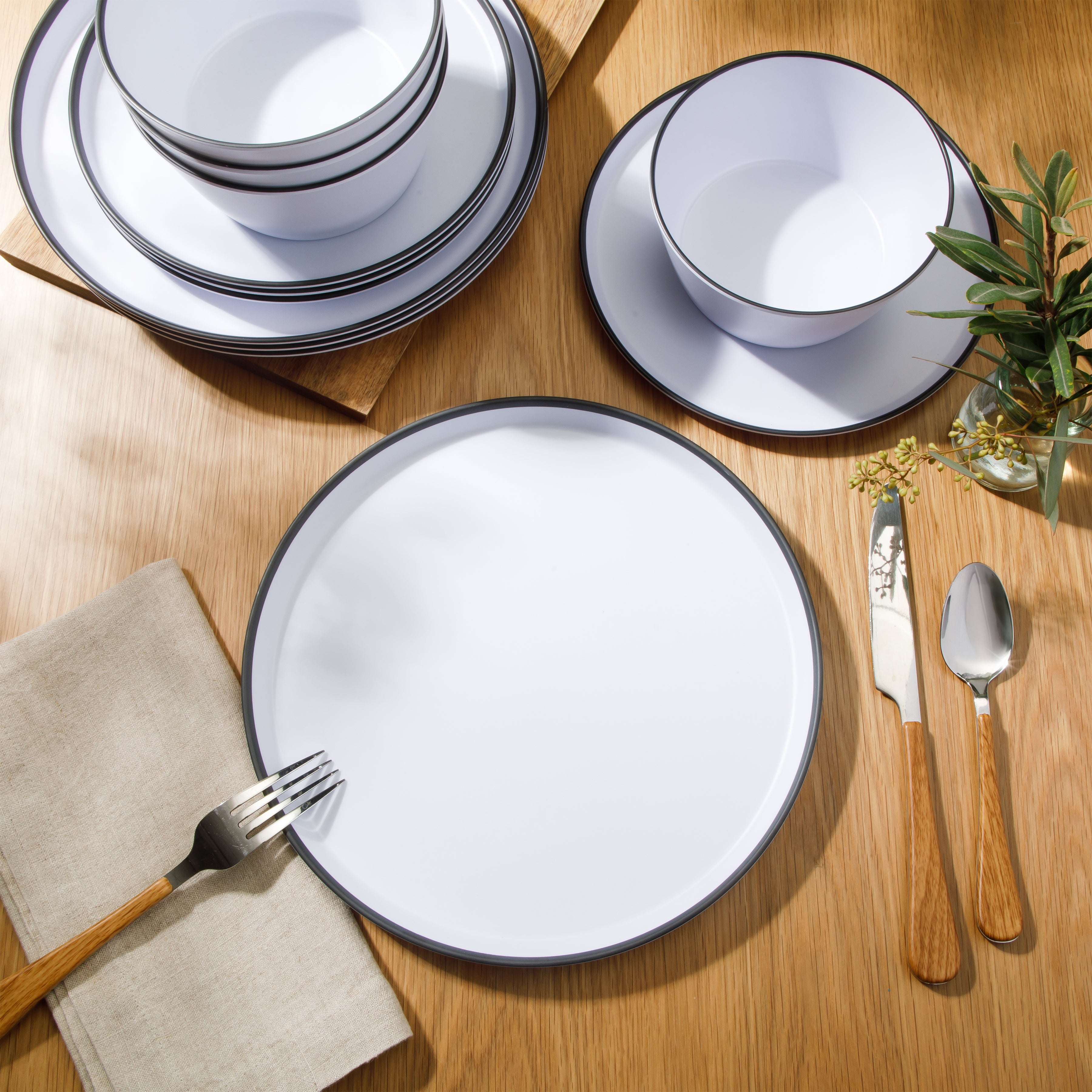 Gibson Home Folsom Shores 12 Piece Unbreakable Modern Melamine Plates and Bowls Dinnerware Set - Outdoor, Camping, & Everyday Use - White W/ Black Rim