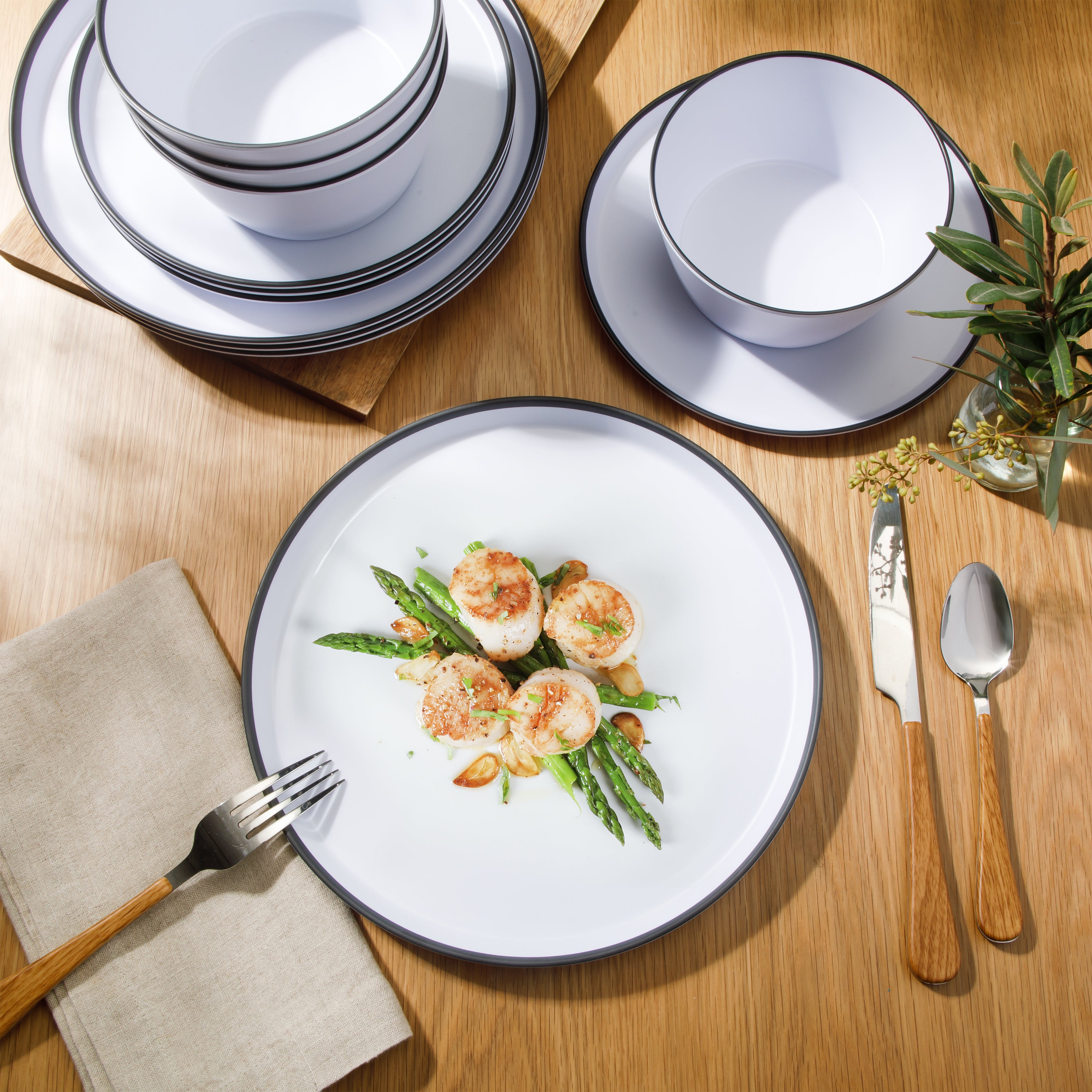 Gibson Home Folsom Shores 12 Piece Unbreakable Modern Melamine Plates and Bowls Dinnerware Set - Outdoor, Camping, & Everyday Use - White W/ Black Rim