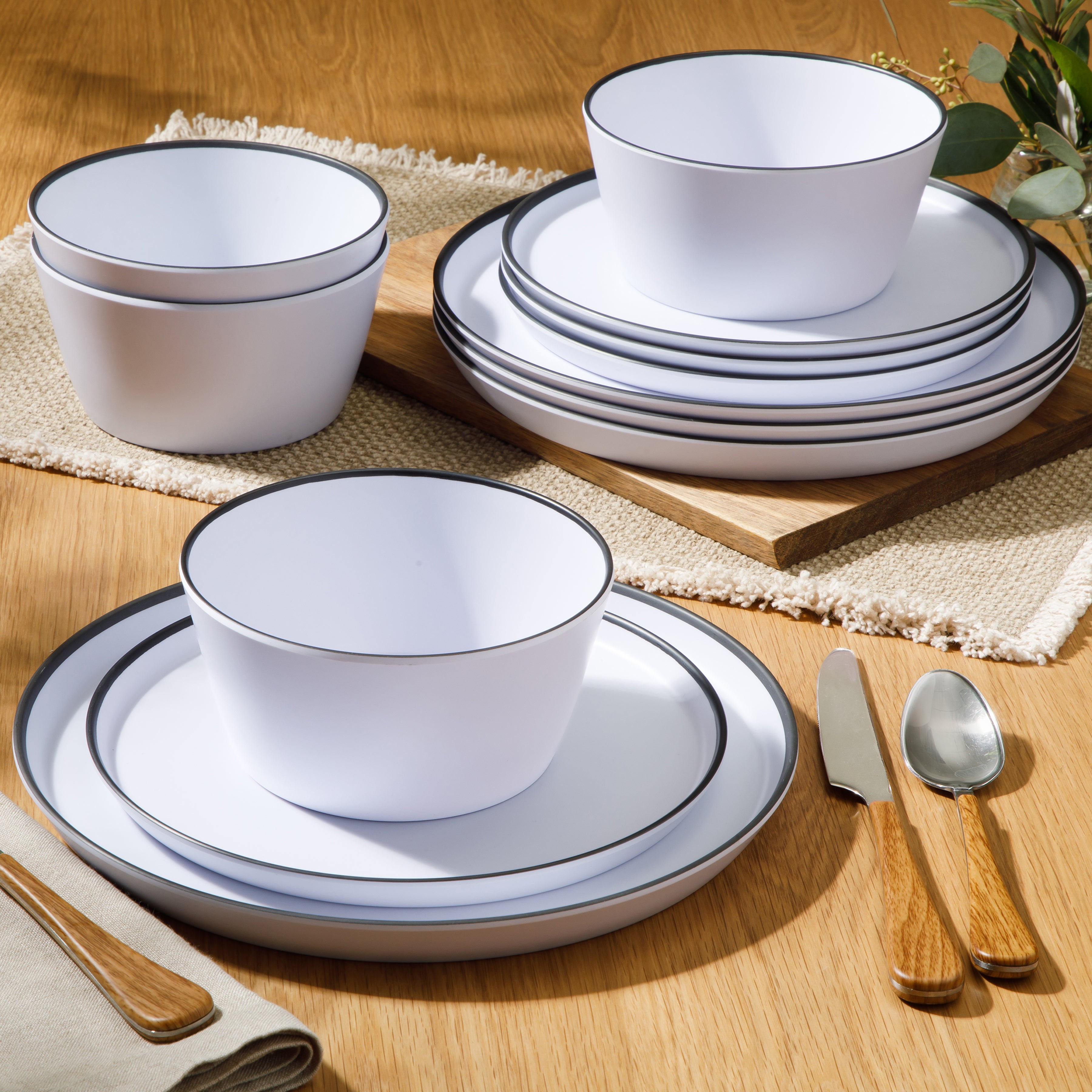 Gibson Home Folsom Shores 12 Piece Unbreakable Modern Melamine Plates and Bowls Dinnerware Set - Outdoor, Camping, & Everyday Use - White W/ Black Rim