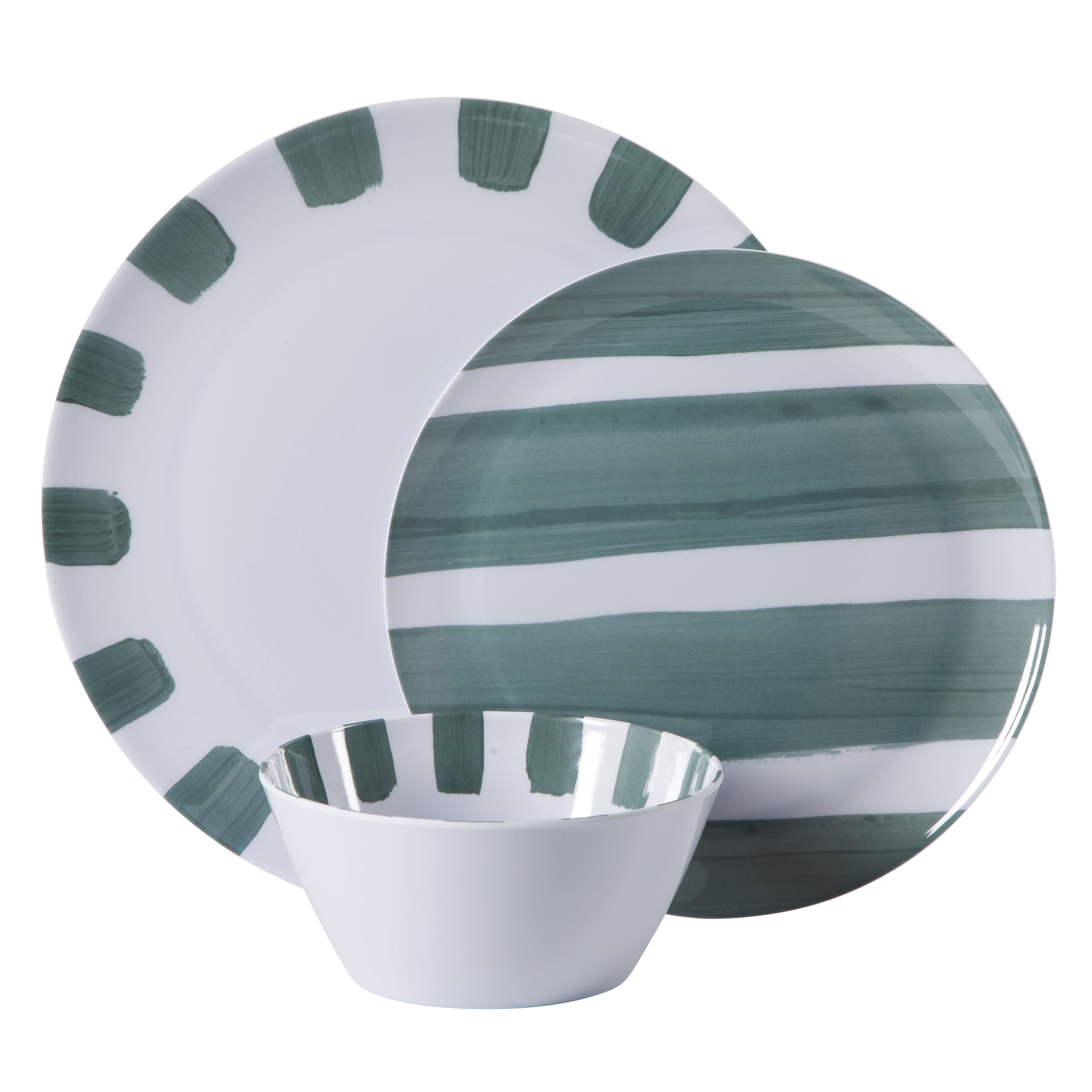 Gibson Home Cottage Stripes 12 Piece Unbreakable Melamine Plates and Bowls Dinnerware Set - Outdoor, Camping, & Everyday Use - Assorted Colors
