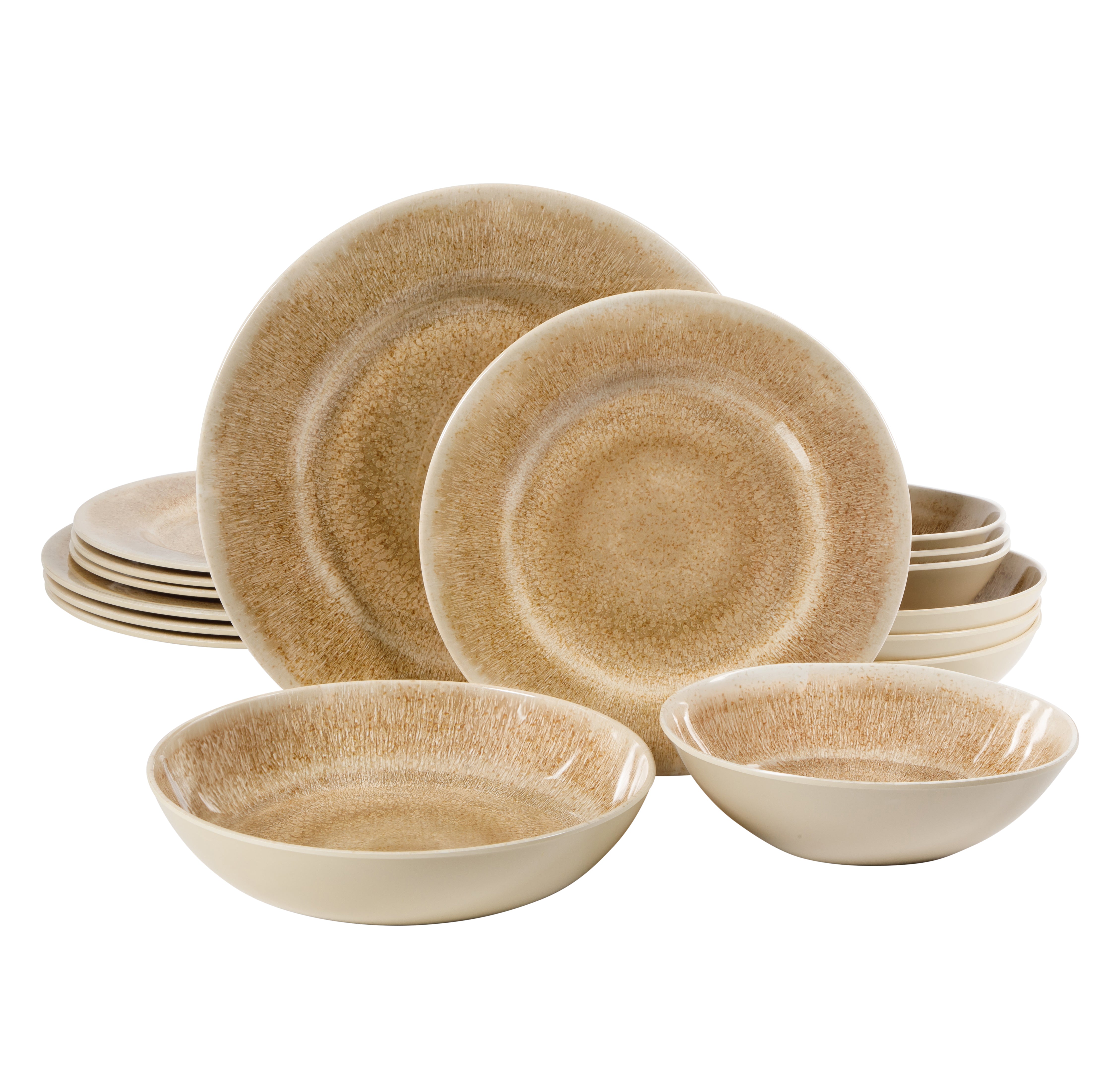 Gibson Home Casper Court 16-Piece Melamine Dinnerware Set – Reactive Glaze Look Plates and Bowls, Service for 4 – Top Rack Dishwasher Safe Everyday Dining Set