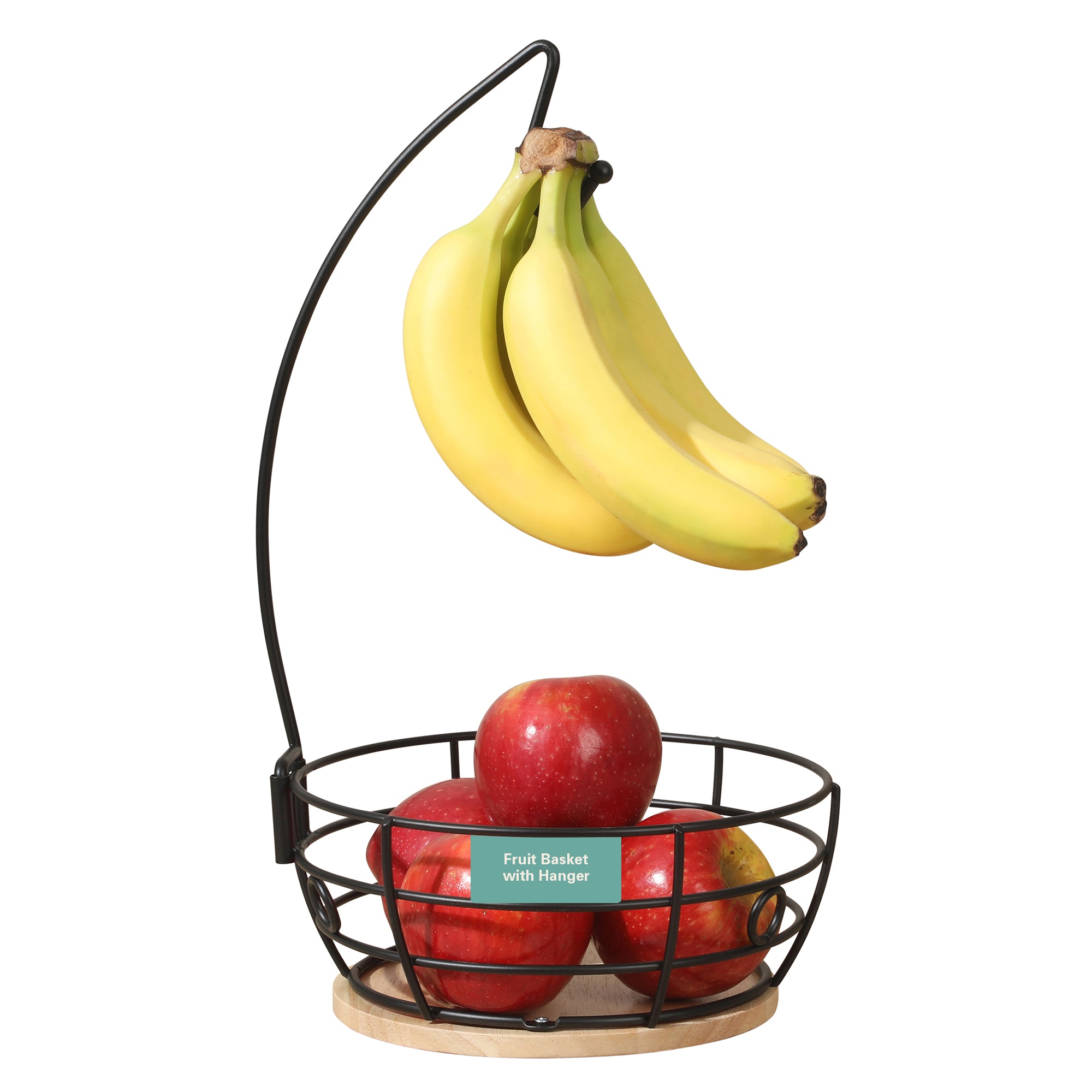 Gibson Home Harvest Season Fruit Basket Bowl with Banana Hanger – Black Metal Wire & Rubberwood Base – Countertop Produce Stand for Apples, Bananas, Oranges – Kitchen Storage Organizer