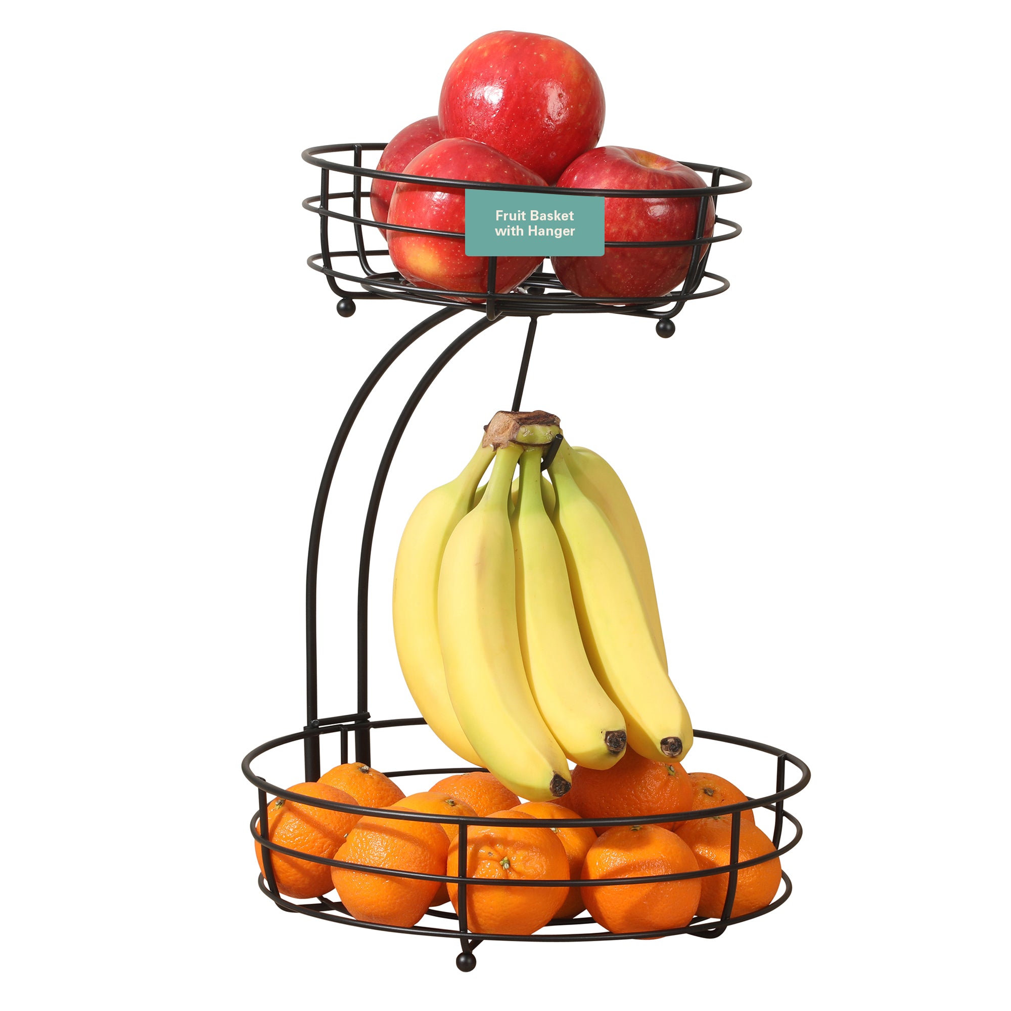 Gibson Home Harvest Season Two-Tier Fruit Basket with Banana Hanger – Black Metal Countertop Produce Stand – Kitchen Storage Organizer for Apples, Oranges, Bananas – Durable Iron Wire Frame