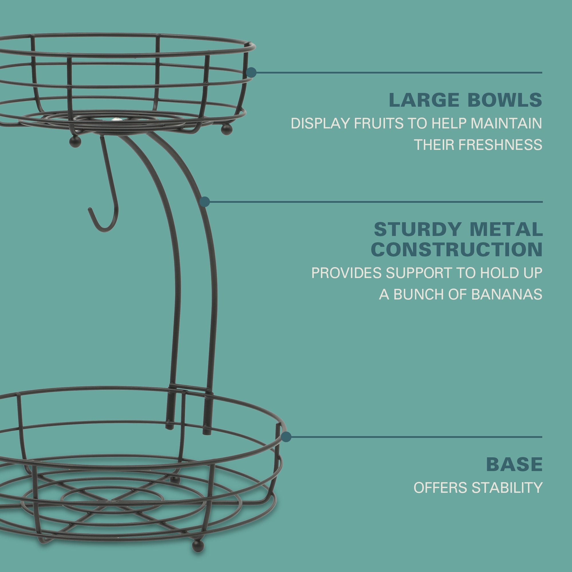 Gibson Home Harvest Season Two-Tier Fruit Basket with Banana Hanger – Black Metal Countertop Produce Stand – Kitchen Storage Organizer for Apples, Oranges, Bananas – Durable Iron Wire Frame