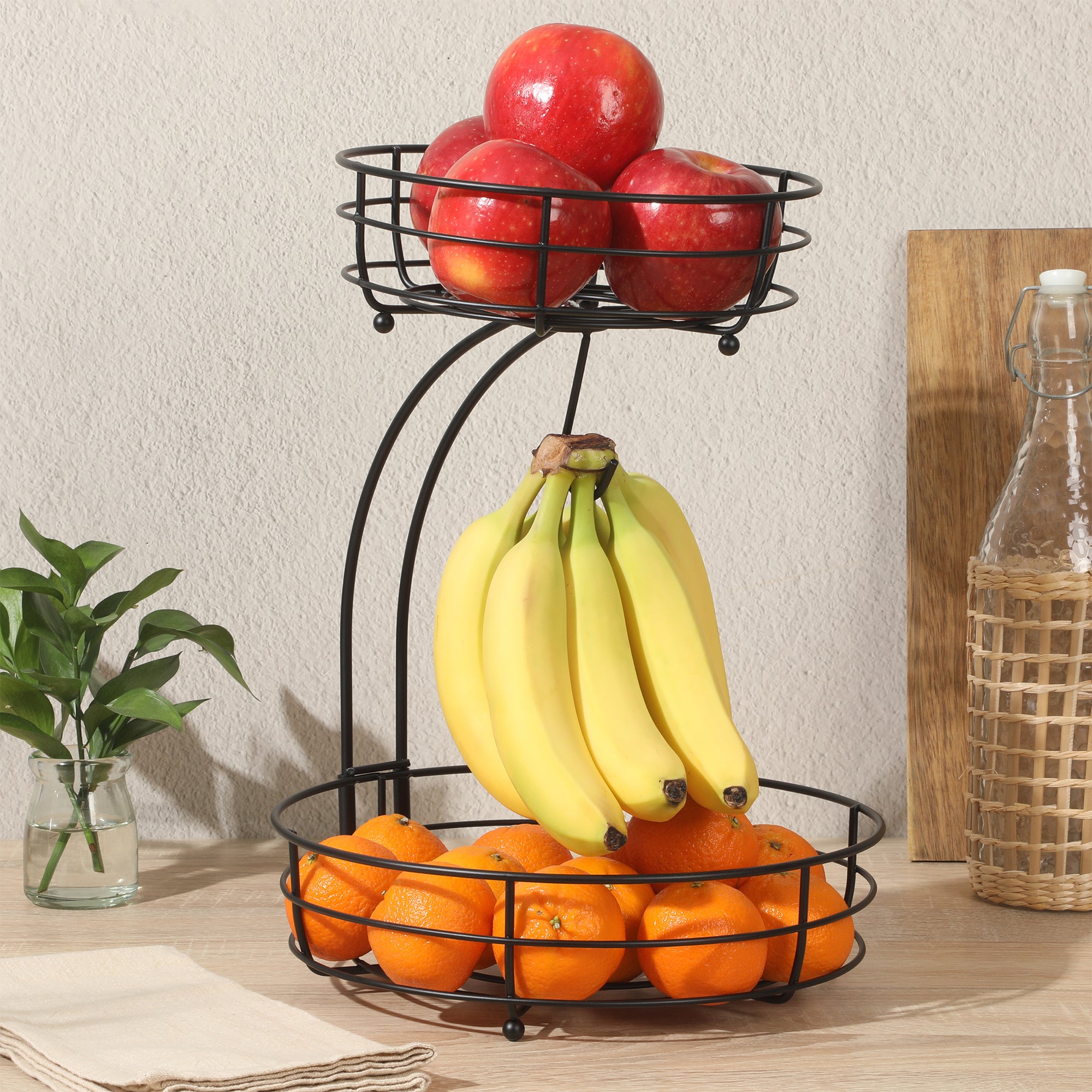 Gibson Home Harvest Season Two-Tier Fruit Basket with Banana Hanger – Black Metal Countertop Produce Stand – Kitchen Storage Organizer for Apples, Oranges, Bananas – Durable Iron Wire Frame