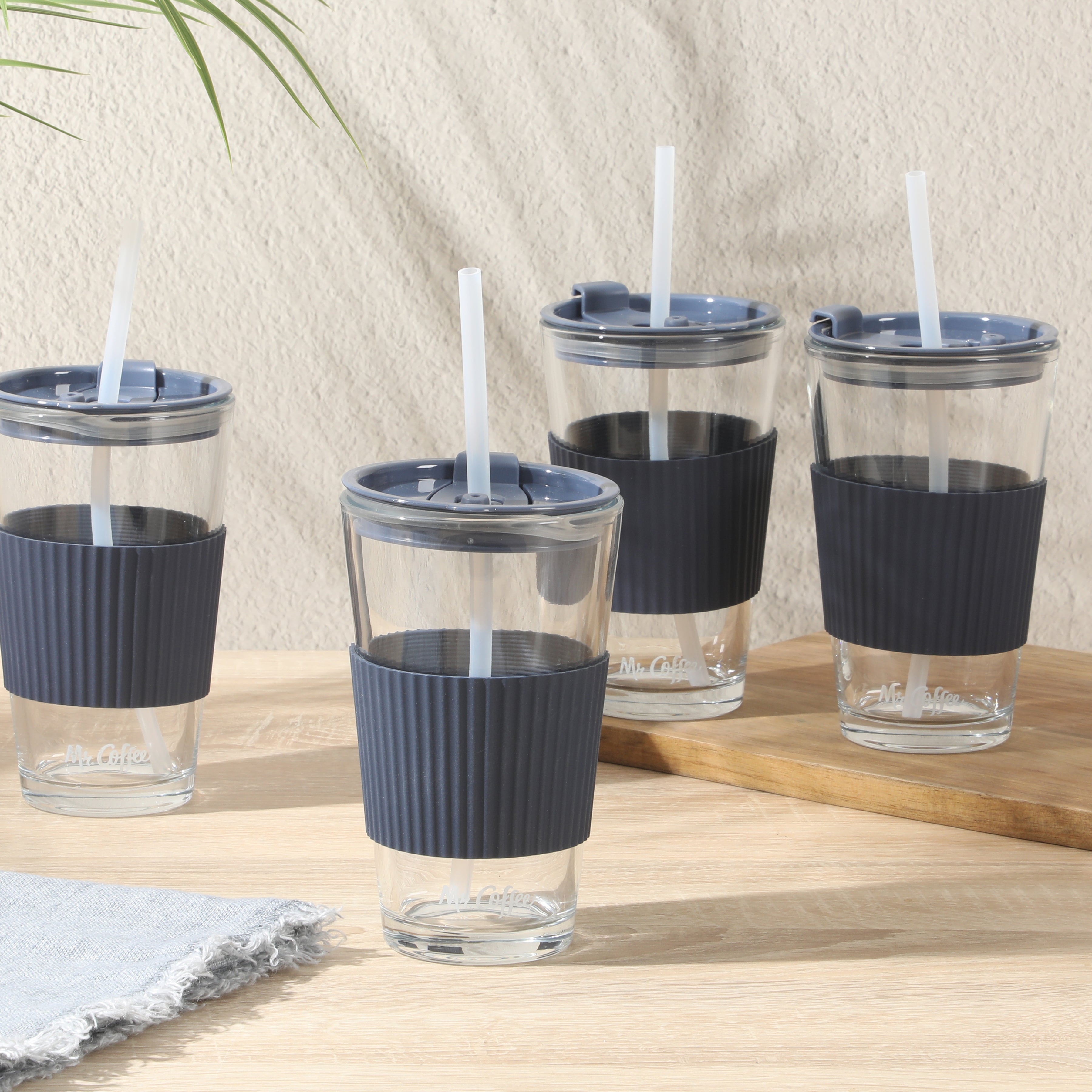 Mr. Coffee Sip Savvy 4-Pack 15oz Glass Tumblers with Lids and Straws – Reusable Iced Coffee Cups – Dishwasher Safe – To-Go Drinkware Water Glasses
