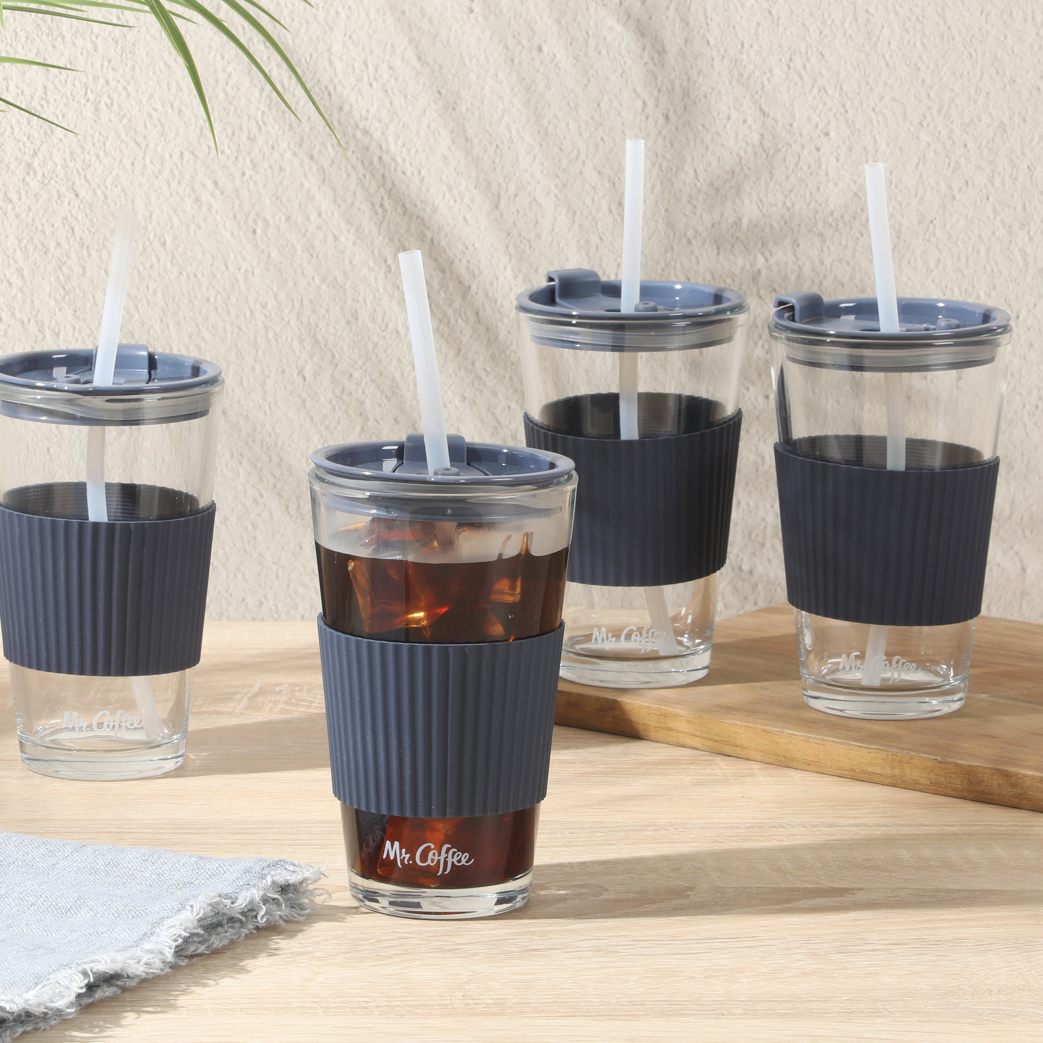 Mr. Coffee Sip Savvy 4-Pack 15oz Glass Tumblers with Lids and Straws – Reusable Iced Coffee Cups – Dishwasher Safe – To-Go Drinkware Water Glasses