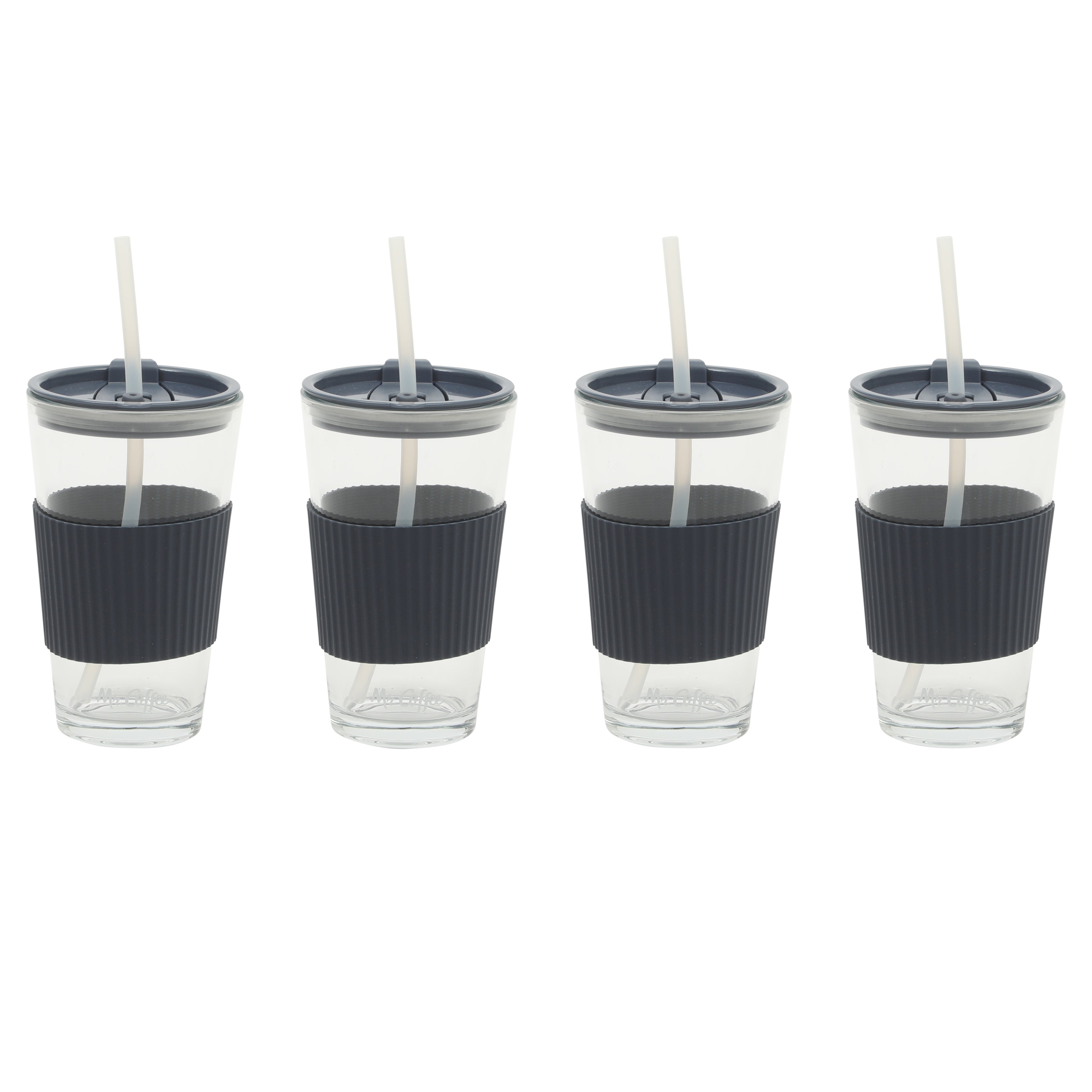 Mr. Coffee Sip Savvy 4-Pack 15oz Glass Tumblers with Lids and Straws – Reusable Iced Coffee Cups – Dishwasher Safe – To-Go Drinkware Water Glasses