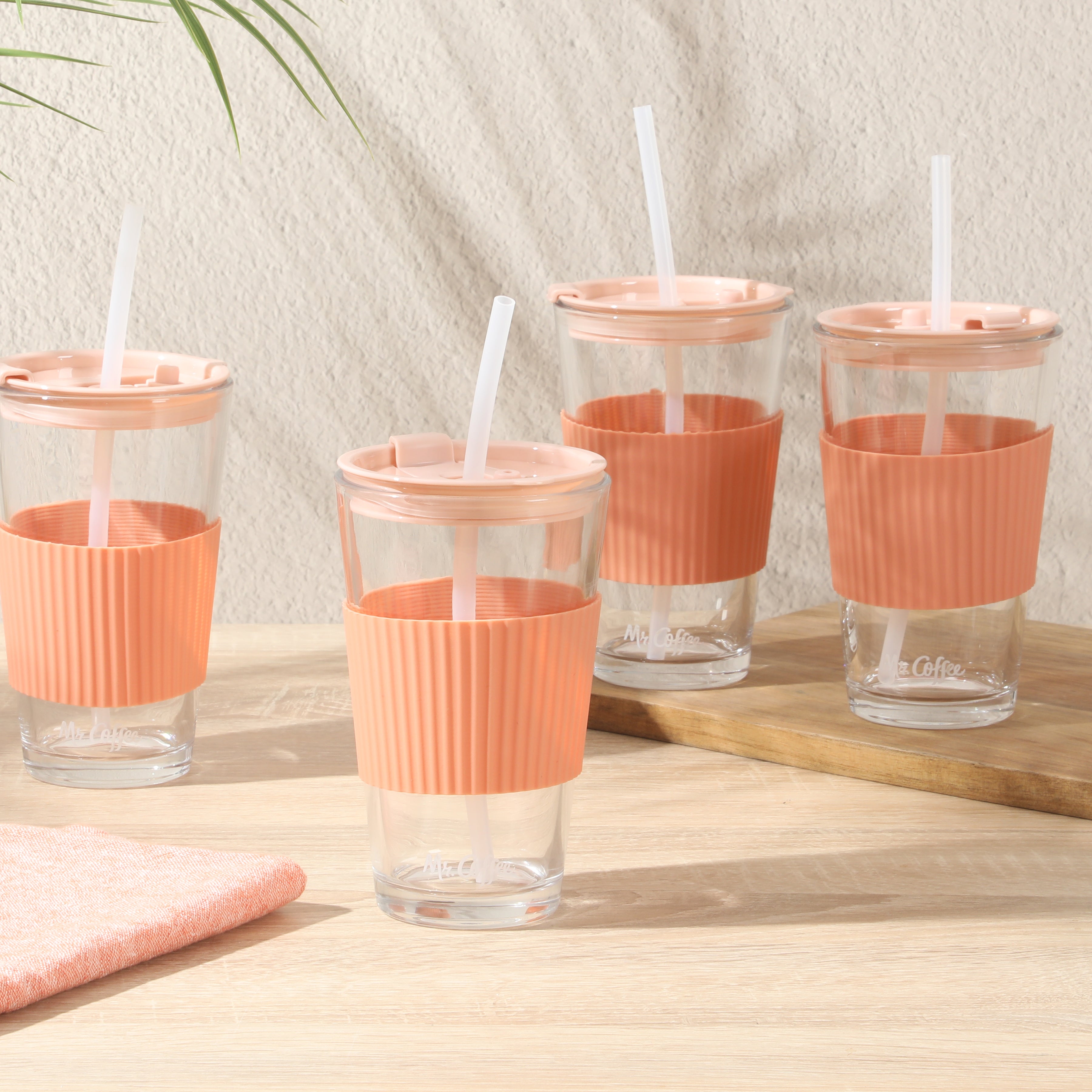Mr. Coffee Sip Savvy 4-Pack 15oz Glass Tumblers with Lids and Straws – Reusable Iced Coffee Cups – Dishwasher Safe – To-Go Drinkware Water Glasses