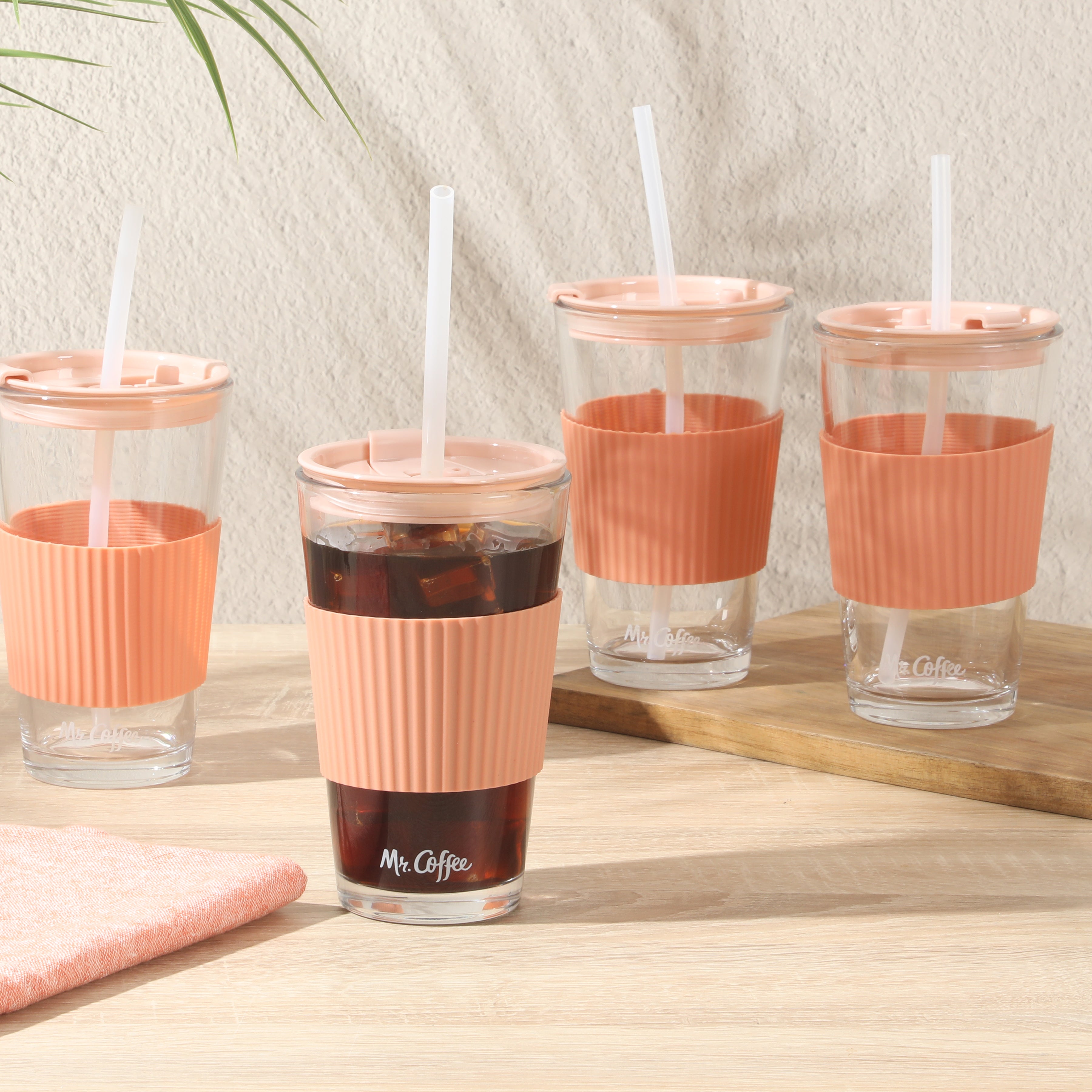 Mr. Coffee Sip Savvy 4-Pack 15oz Glass Tumblers with Lids and Straws –