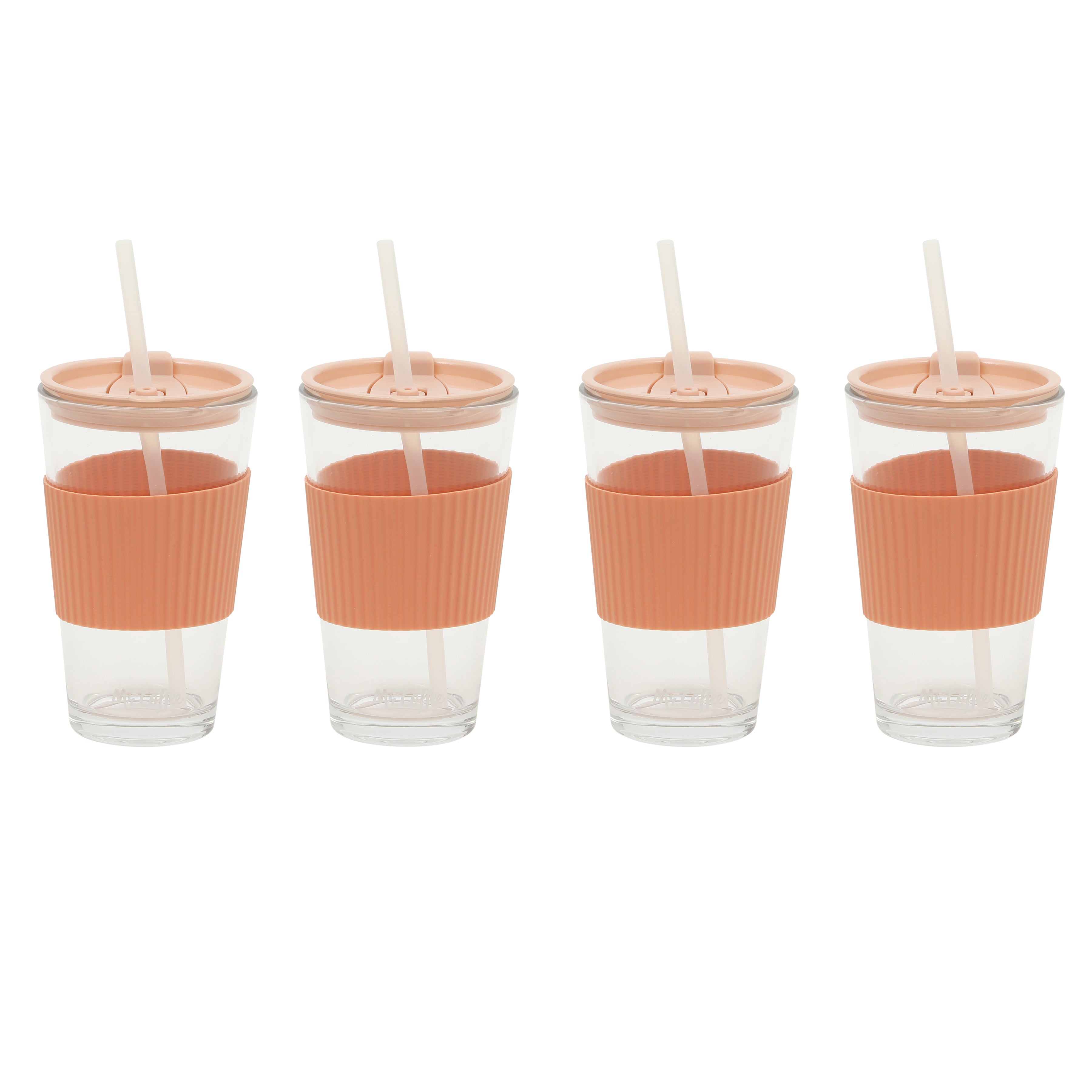 Mr. Coffee Sip Savvy 4-Pack 15oz Glass Tumblers with Lids and Straws – Reusable Iced Coffee Cups – Dishwasher Safe – To-Go Drinkware Water Glasses