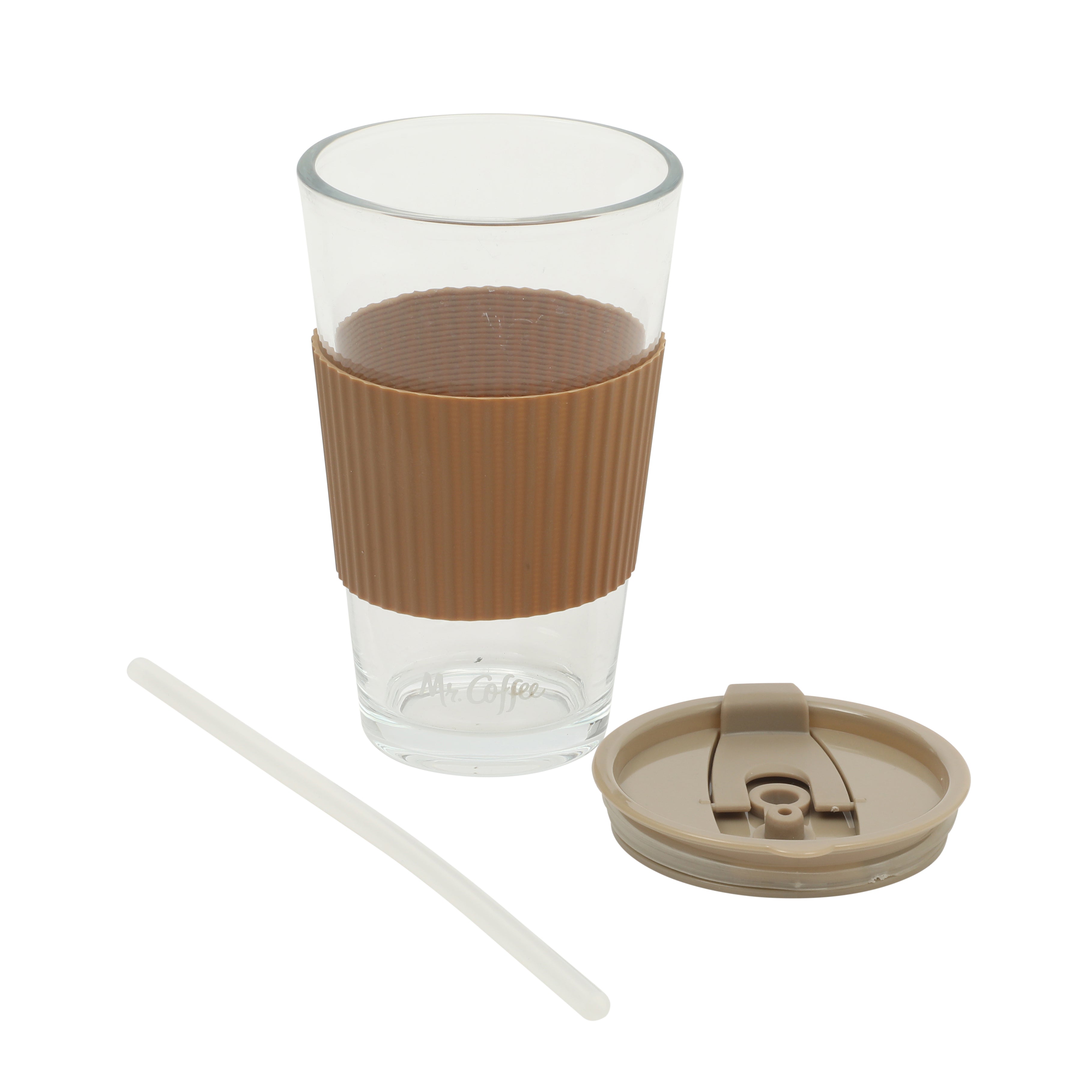 Mr. Coffee Sip Savvy 4-Pack 15oz Glass Tumblers with Lids and Straws –