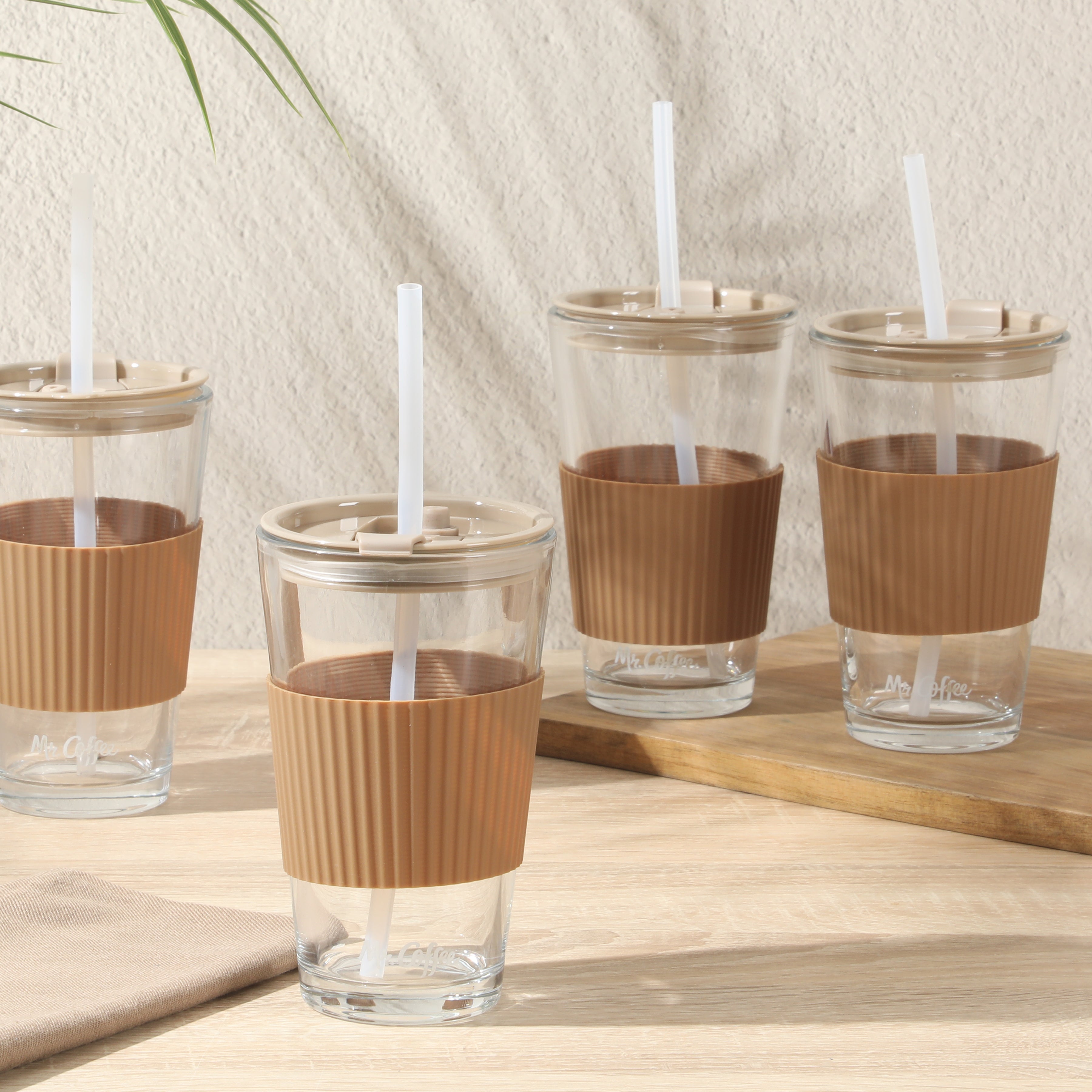 Mr. Coffee Sip Savvy 4-Pack 15oz Glass Tumblers with Lids and Straws – Reusable Iced Coffee Cups – Dishwasher Safe – To-Go Drinkware Water Glasses