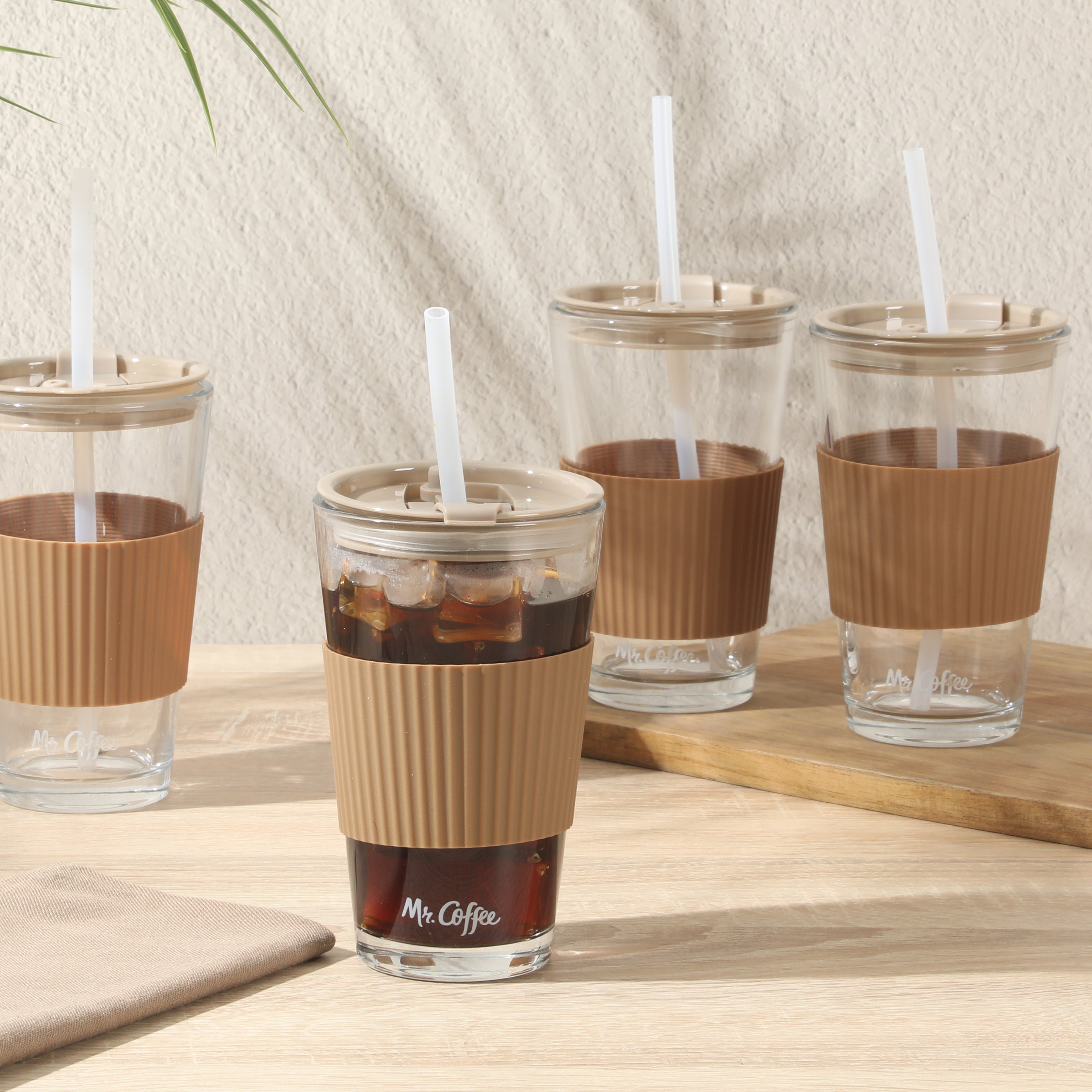 Mr. Coffee Sip Savvy 4-Pack 15oz Glass Tumblers with Lids and Straws – Reusable Iced Coffee Cups – Dishwasher Safe – To-Go Drinkware Water Glasses