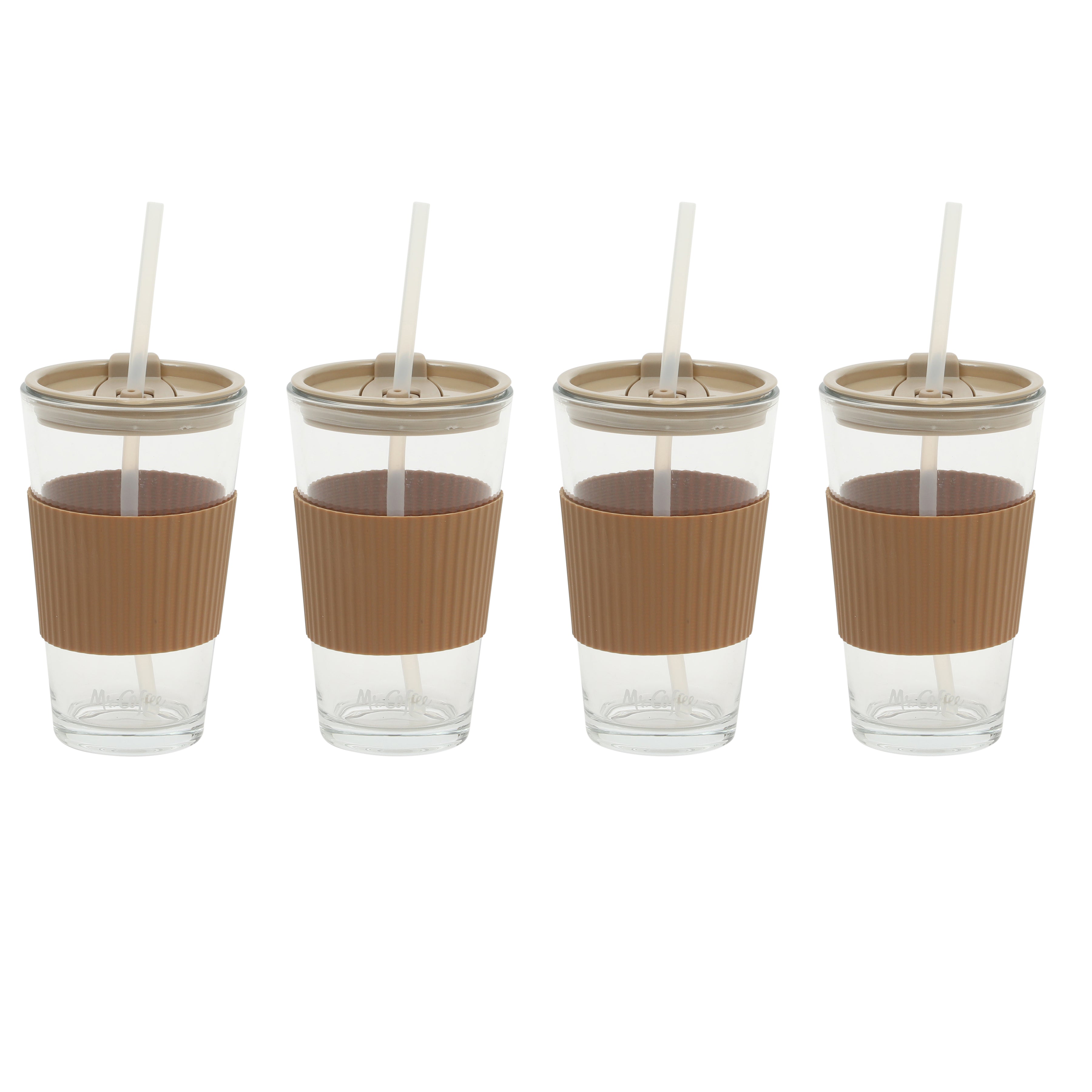 Mr. Coffee Sip Savvy 4-Pack 15oz Glass Tumblers with Lids and Straws – Reusable Iced Coffee Cups – Dishwasher Safe – To-Go Drinkware Water Glasses