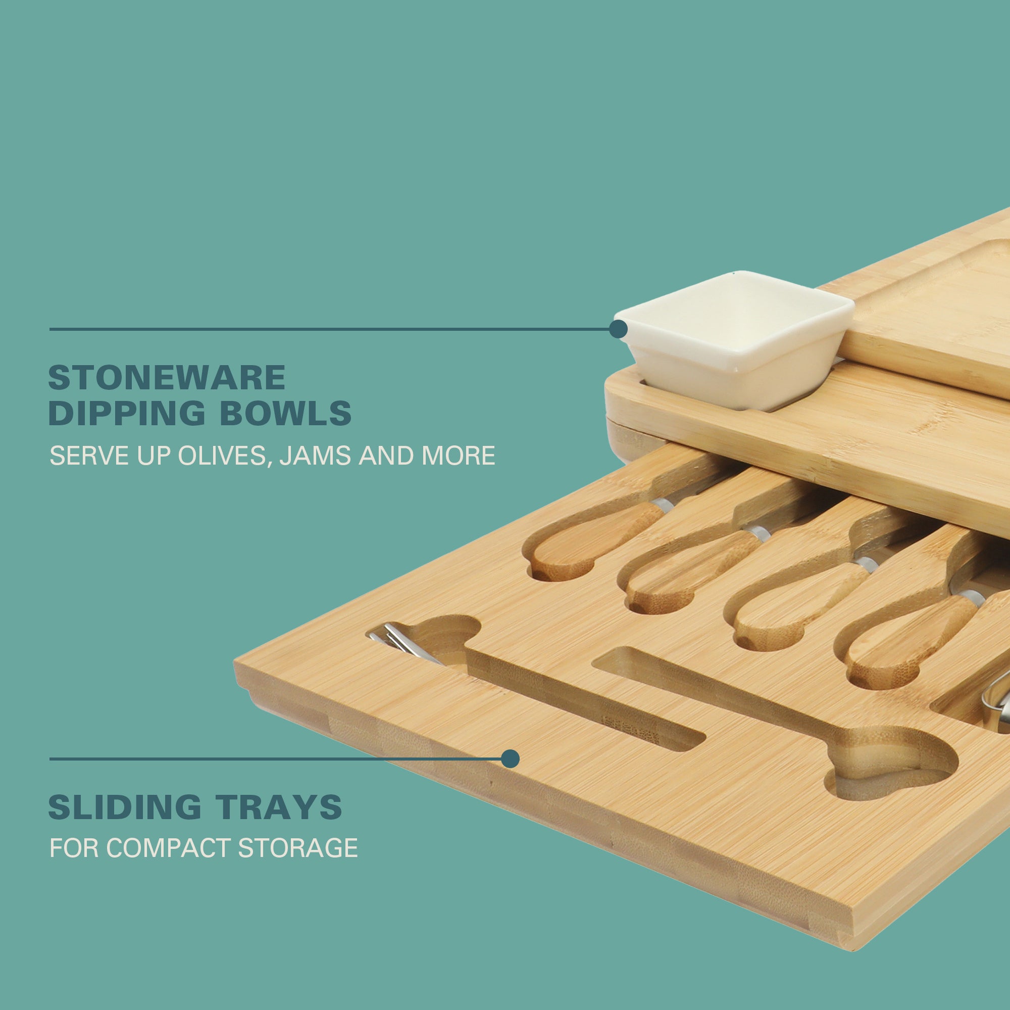 Gibson Home Rustic Inspirations 18-Piece Bamboo Charcuterie Board Set for Serving – Large Cheese & Fruit Tray with Hidden Drawer, Ceramic Bowls, Utensils – Gift for Entertaining, Housewarming, Holidays