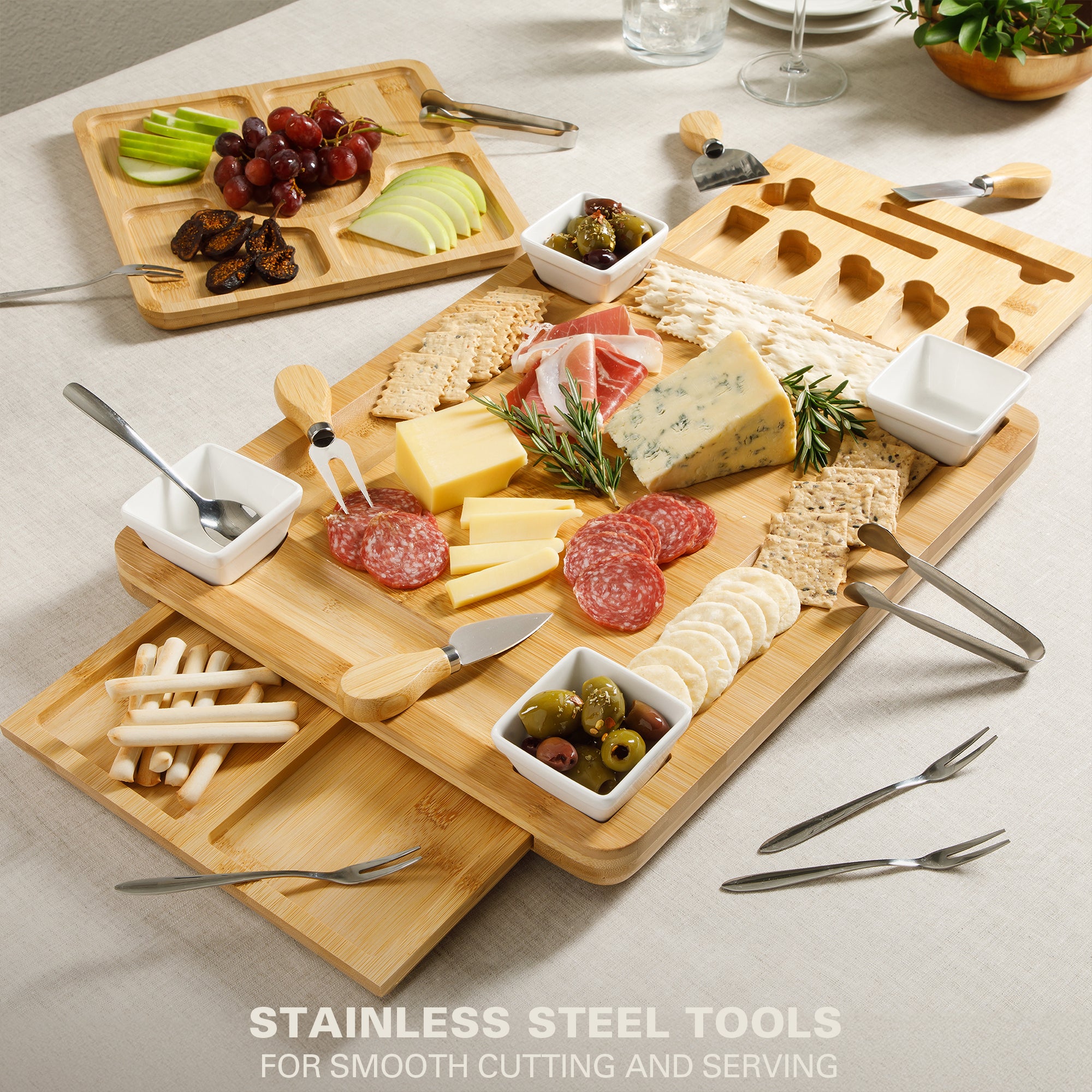 Gibson Home Rustic Inspirations 18-Piece Bamboo Charcuterie Board Set for Serving – Large Cheese & Fruit Tray with Hidden Drawer, Ceramic Bowls, Utensils – Gift for Entertaining, Housewarming, Holidays