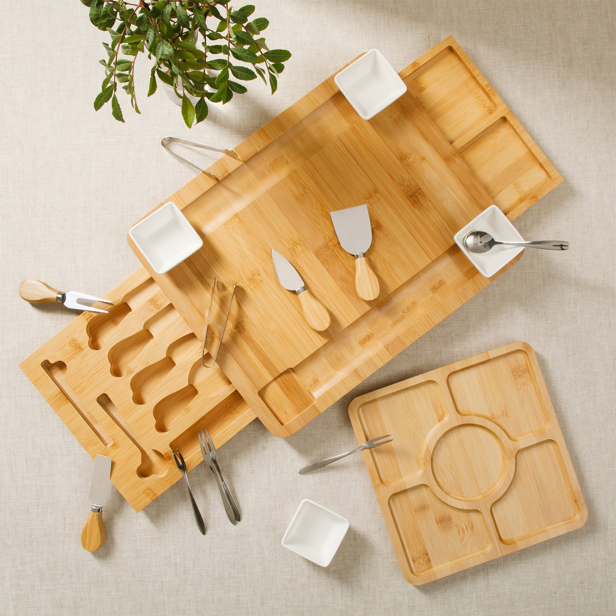 Gibson Home Rustic Inspirations 18-Piece Bamboo Charcuterie Board Set for Serving – Large Cheese & Fruit Tray with Hidden Drawer, Ceramic Bowls, Utensils – Gift for Entertaining, Housewarming, Holidays