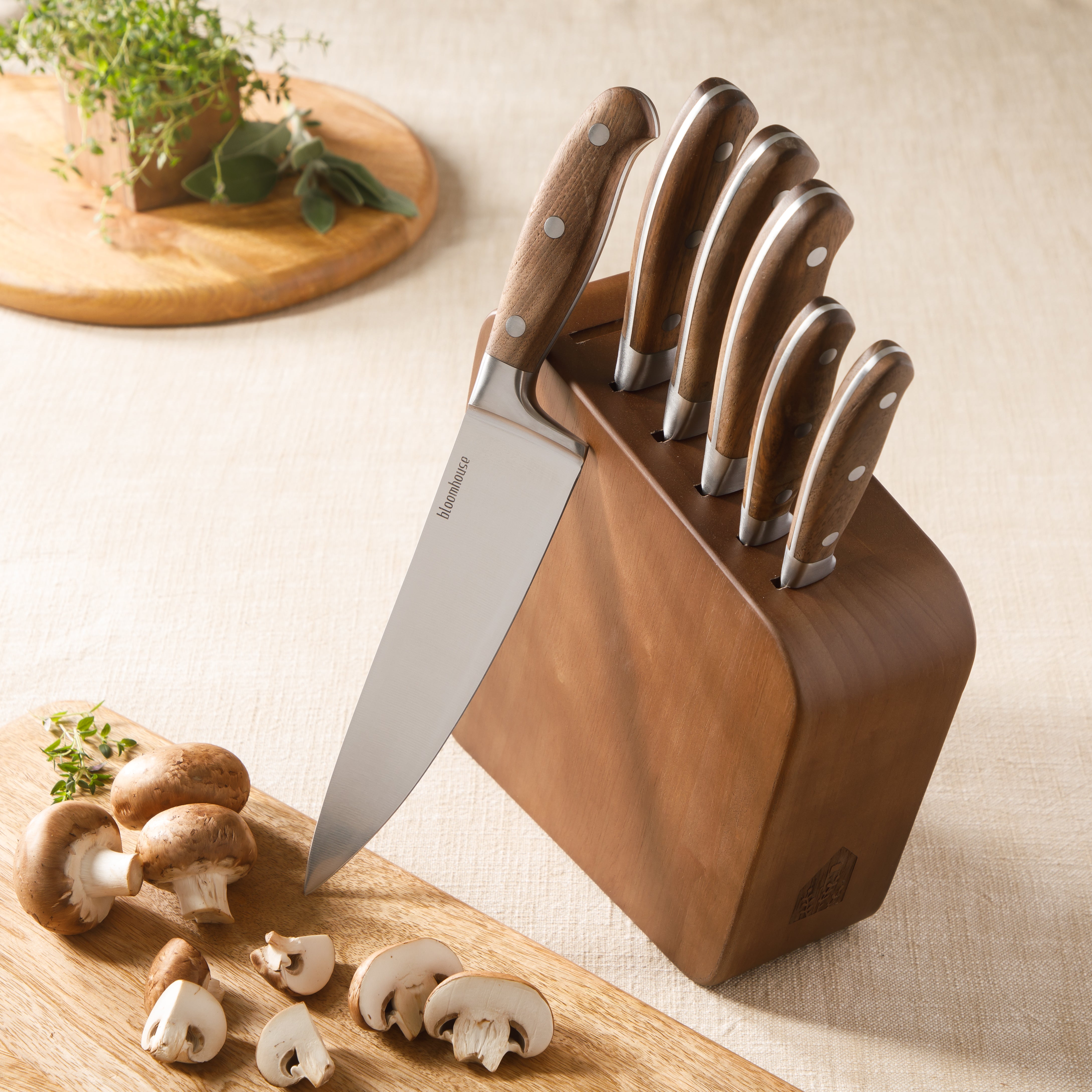 Bloomhouse 7 Piece Italian Olive Wood Knife Block Set w/ German Forged